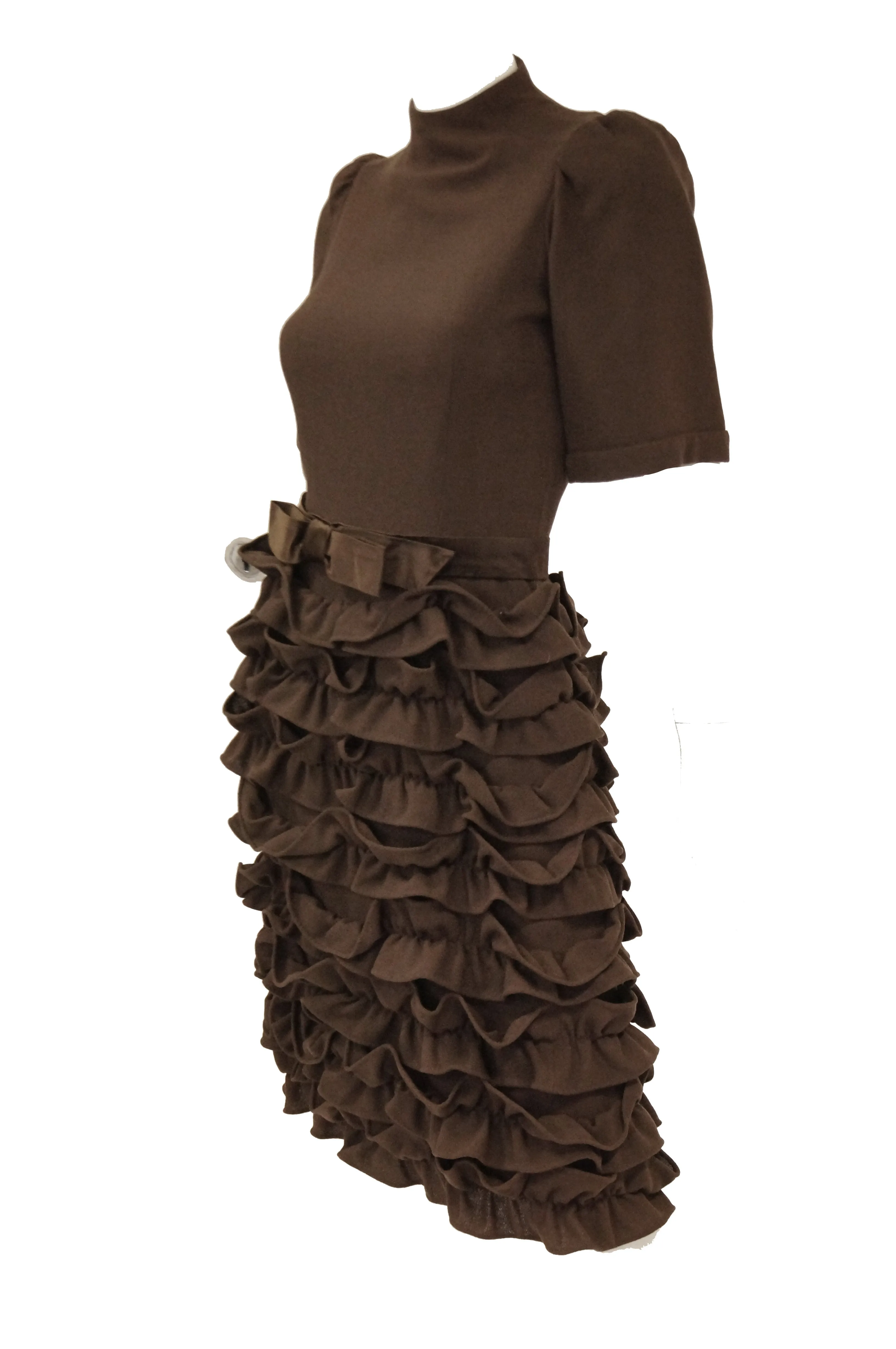 1960s Cardinali Chocolate Brown “Sample” Cocktail Dress w/ Scalloped Skirt