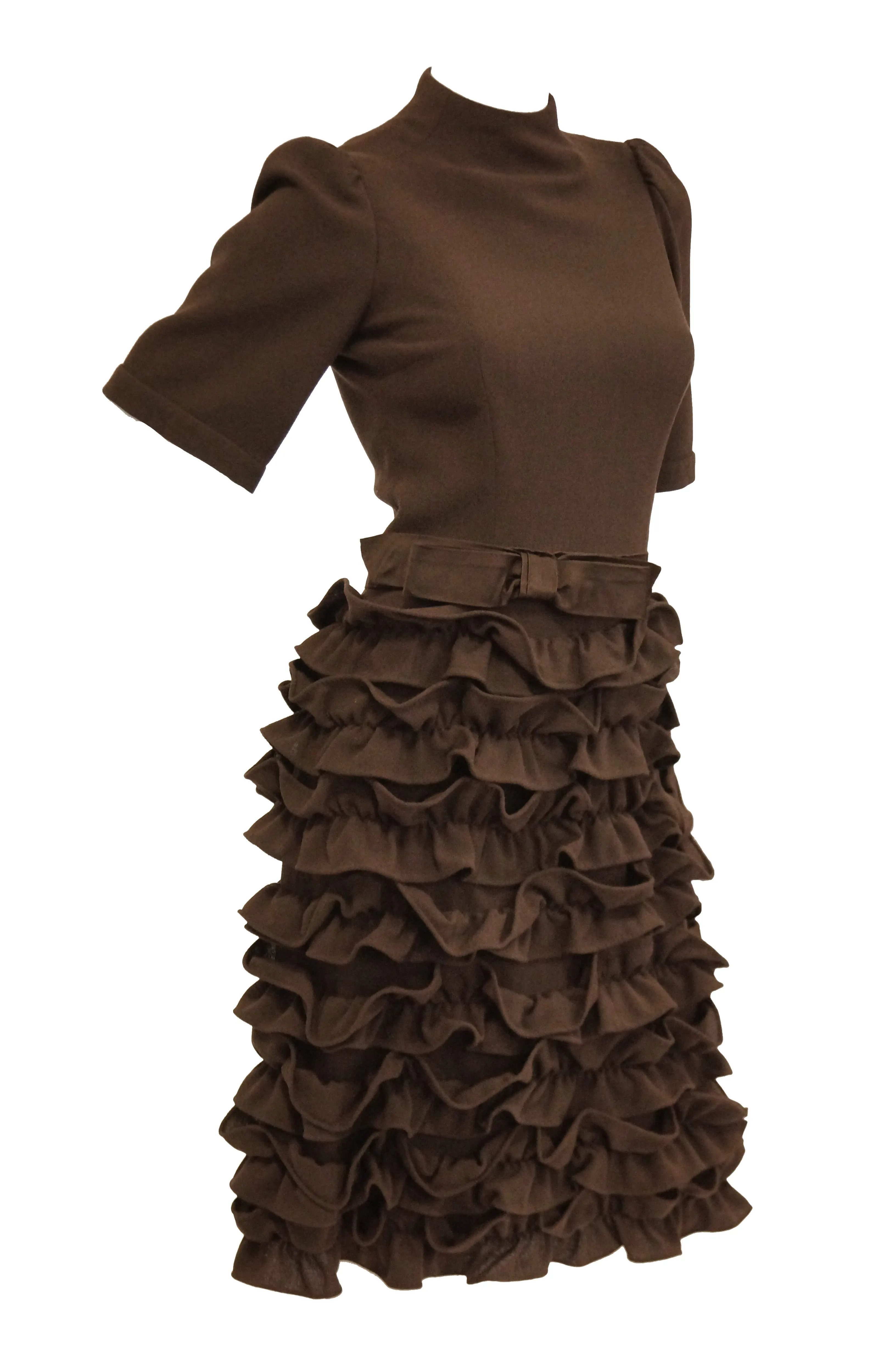 1960s Cardinali Chocolate Brown “Sample” Cocktail Dress w/ Scalloped Skirt