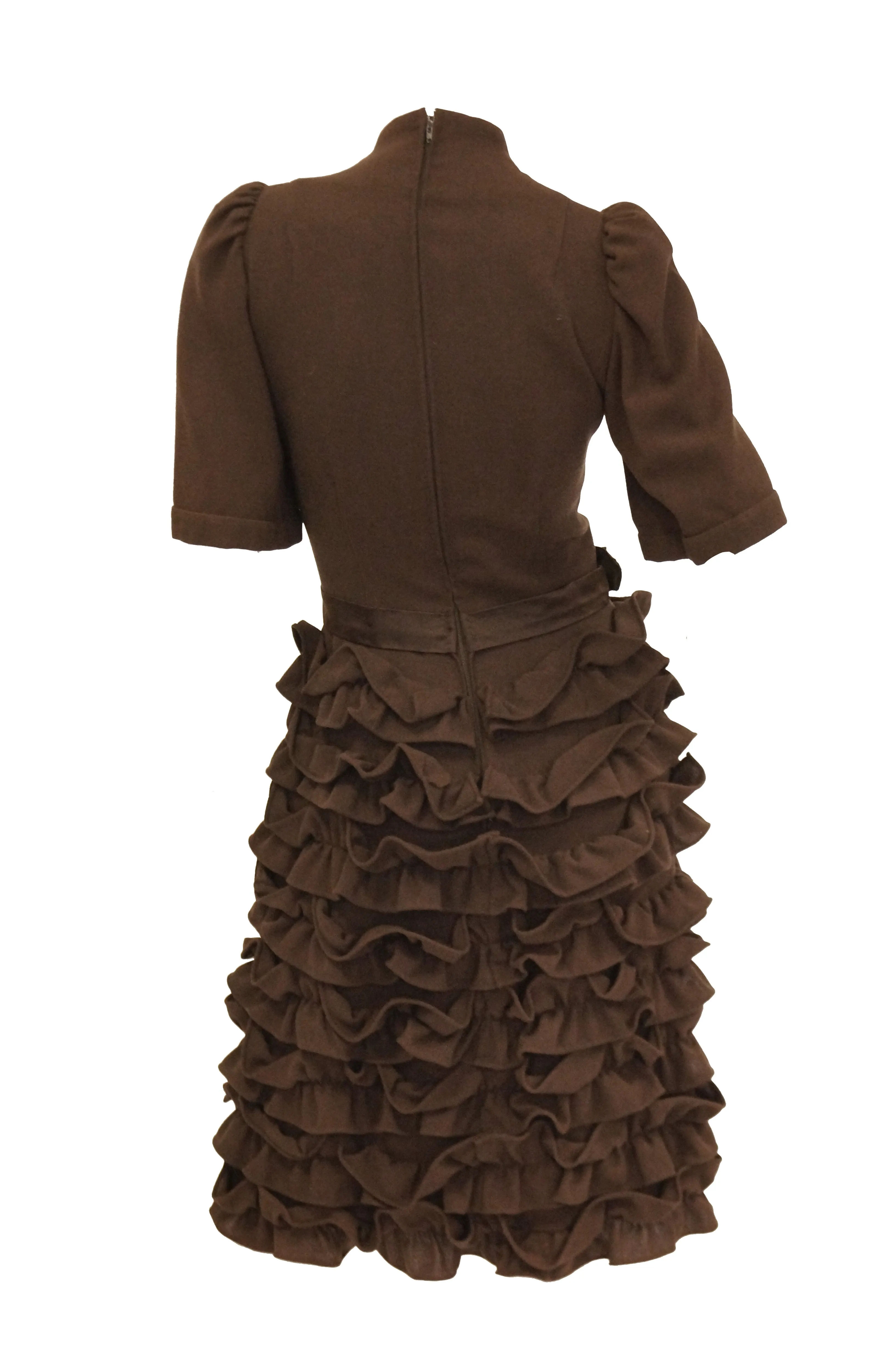 1960s Cardinali Chocolate Brown “Sample” Cocktail Dress w/ Scalloped Skirt