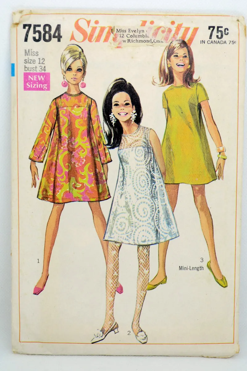 1968 Simplicity 7584 Vintage Tent Dress & Slip Sewing Pattern