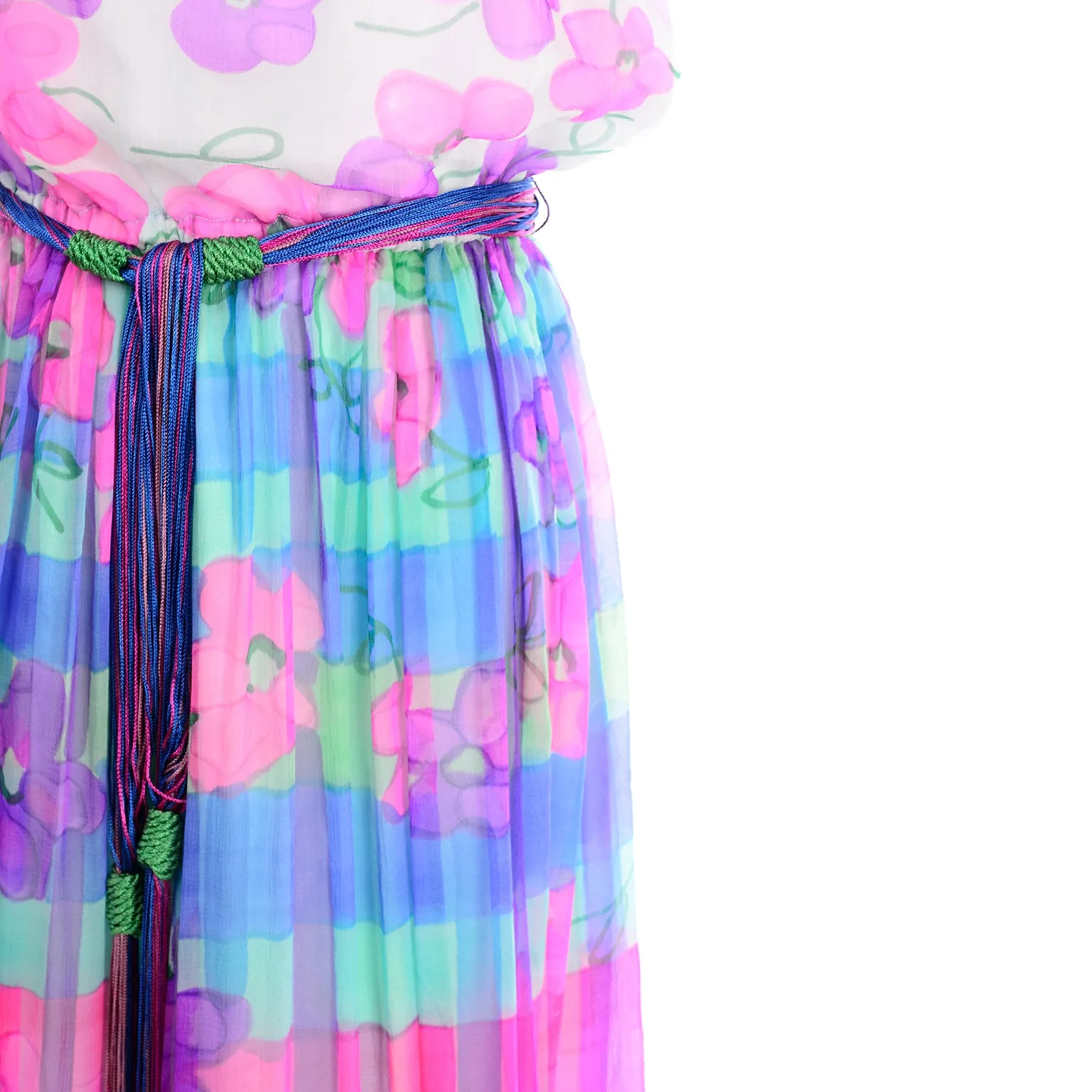 1970s Christian Rupert Pink & Purple Floral & Stripe Silk Chiffon Maxi Dress