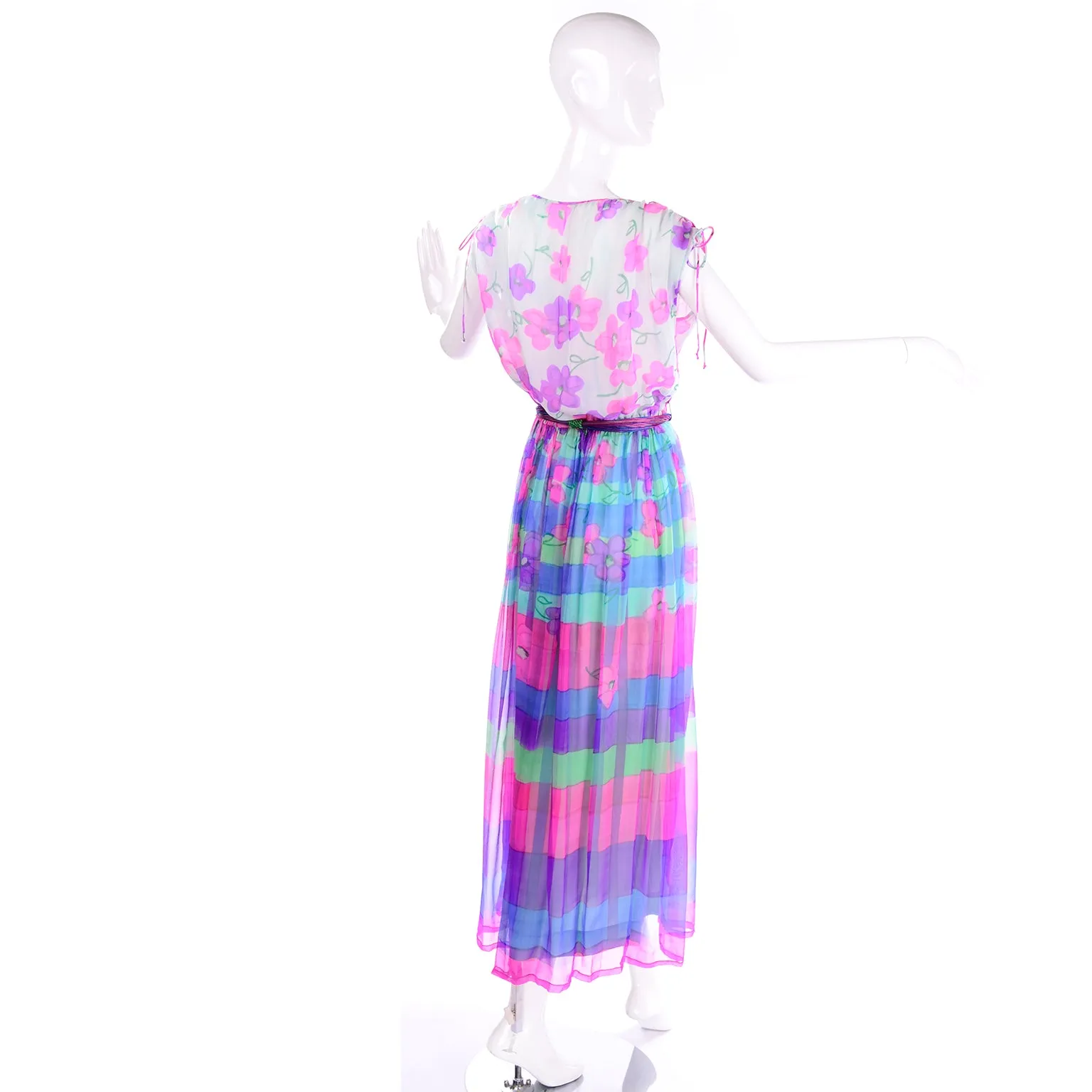 1970s Christian Rupert Pink & Purple Floral & Stripe Silk Chiffon Maxi Dress