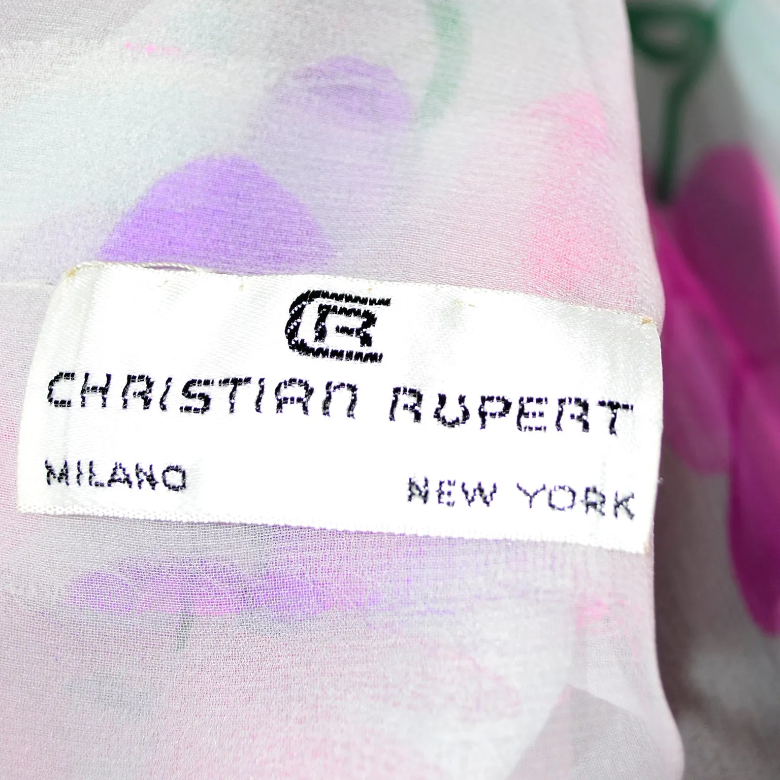 1970s Christian Rupert Pink & Purple Floral & Stripe Silk Chiffon Maxi Dress