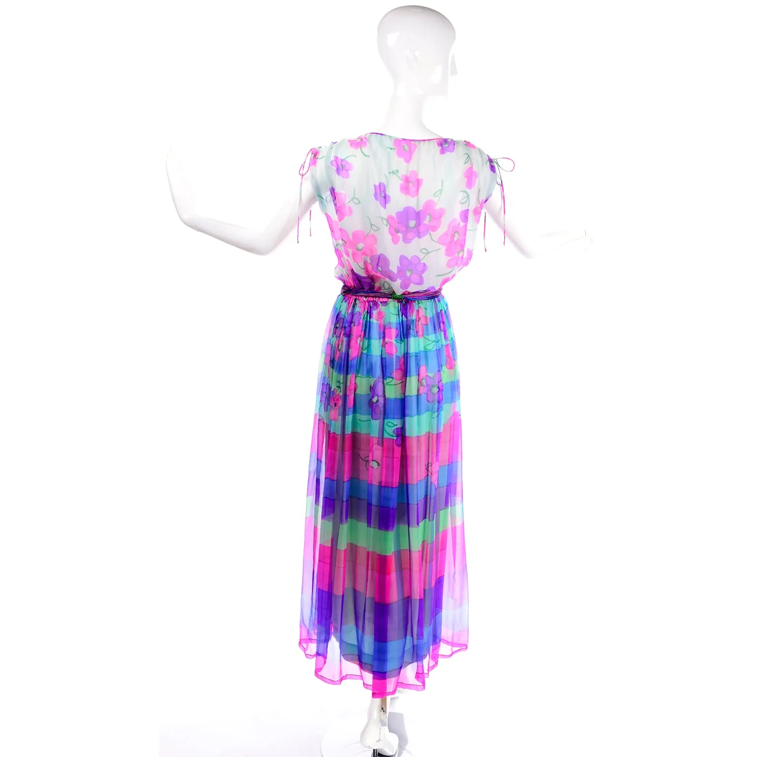 1970s Christian Rupert Pink & Purple Floral & Stripe Silk Chiffon Maxi Dress