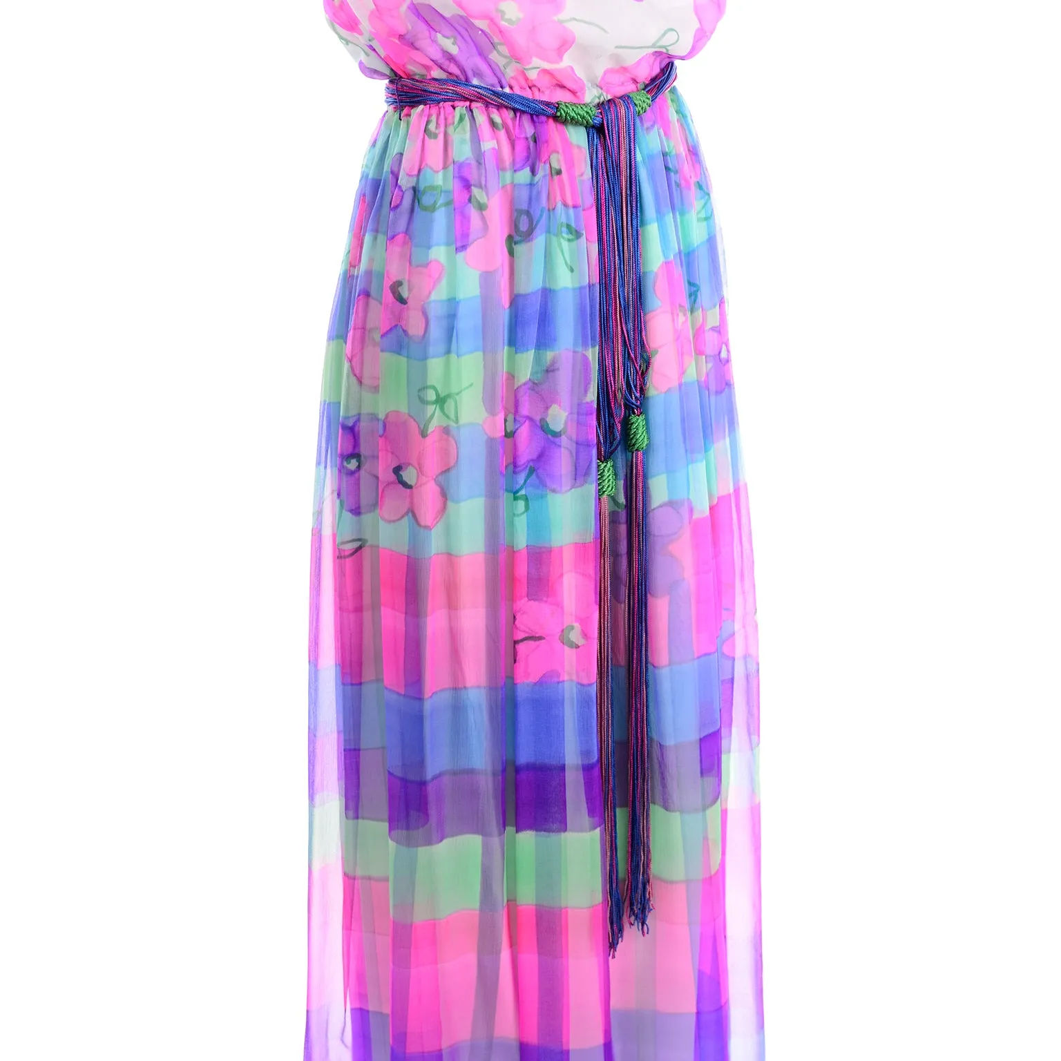 1970s Christian Rupert Pink & Purple Floral & Stripe Silk Chiffon Maxi Dress