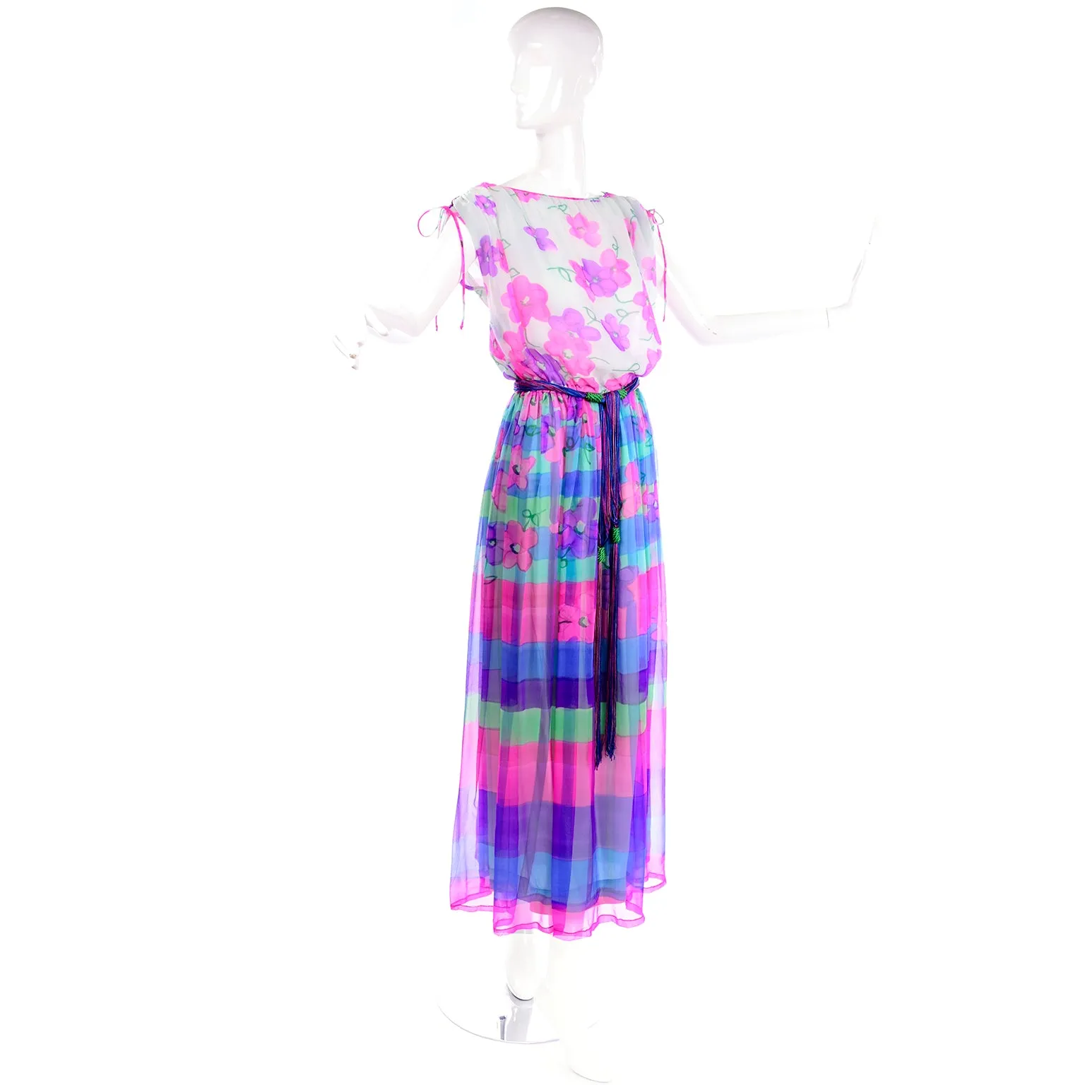 1970s Christian Rupert Pink & Purple Floral & Stripe Silk Chiffon Maxi Dress