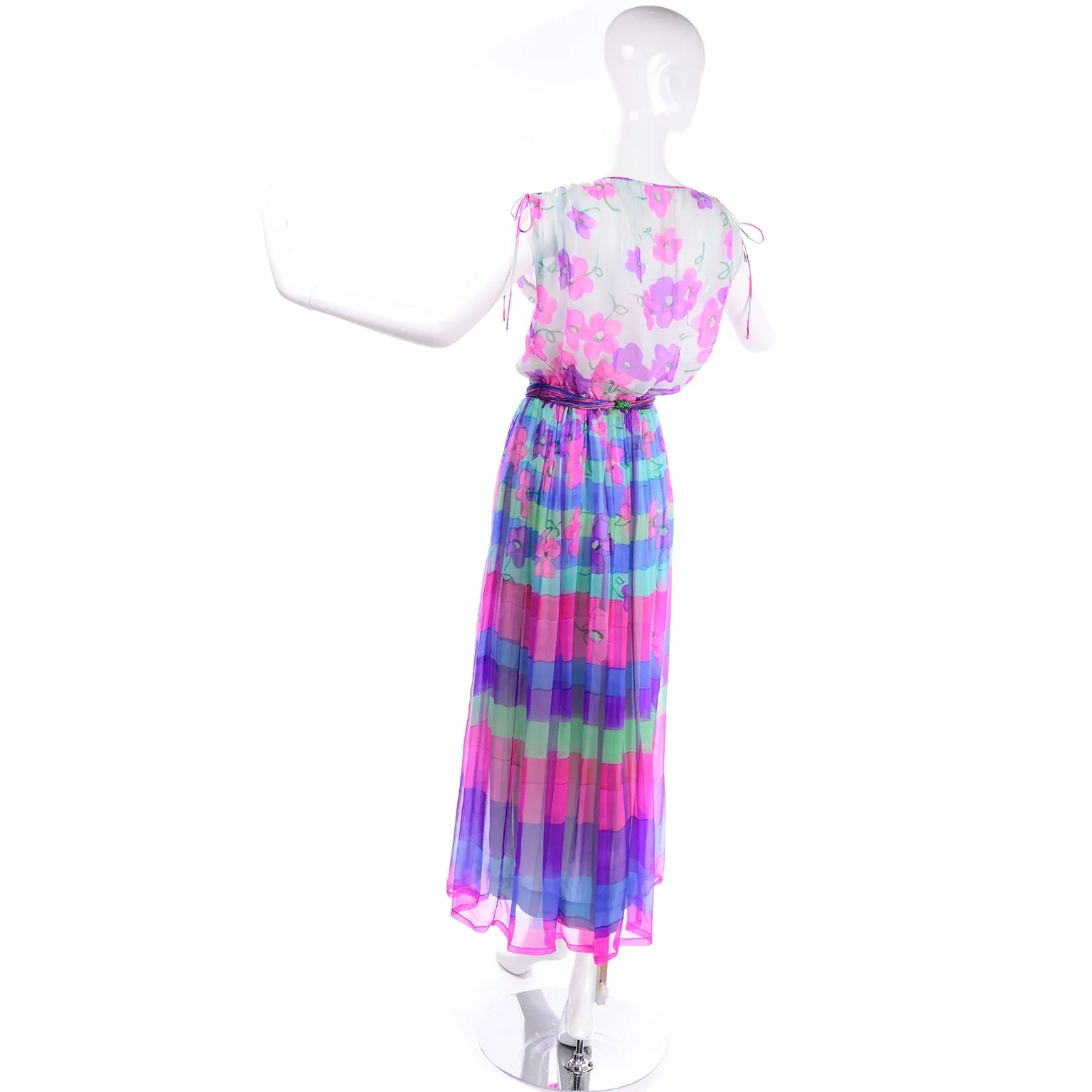 1970s Christian Rupert Pink & Purple Floral & Stripe Silk Chiffon Maxi Dress