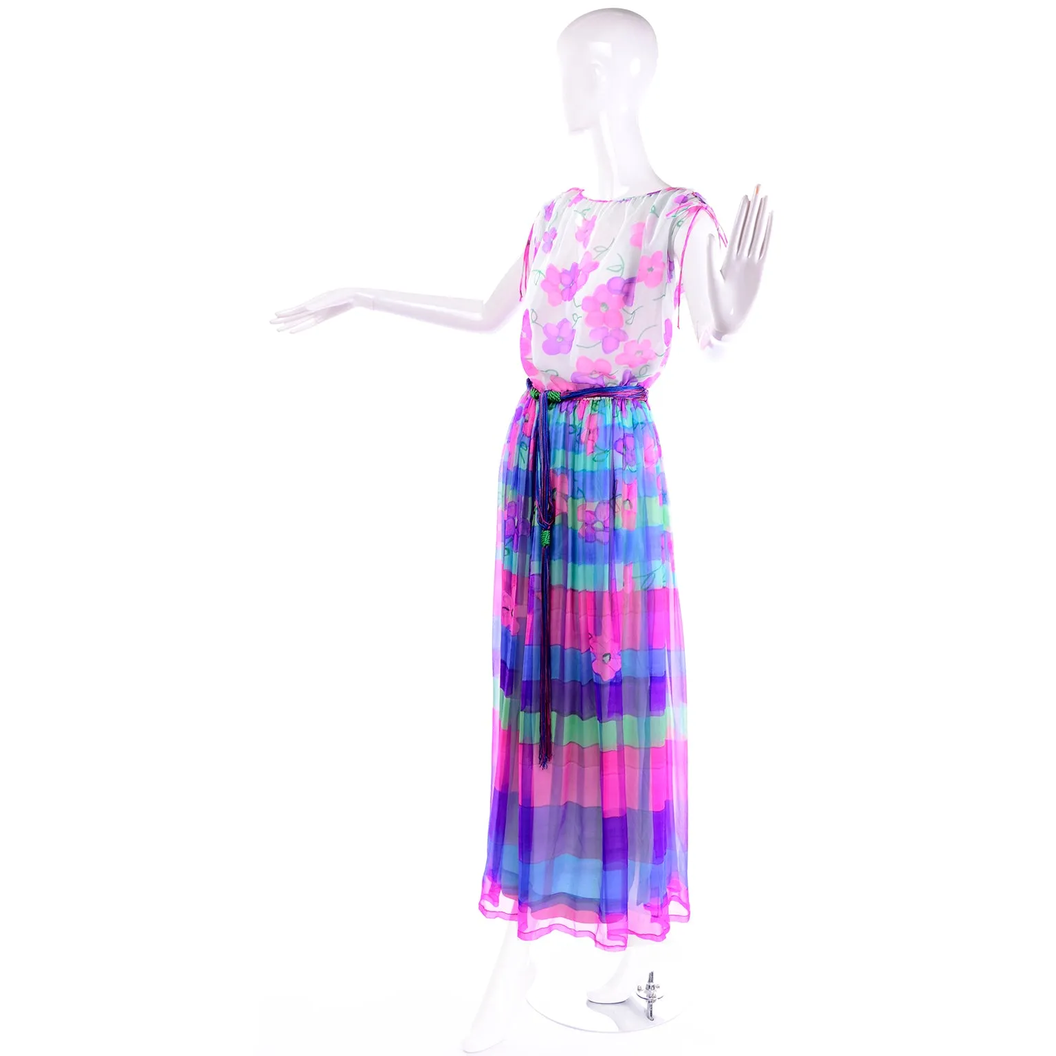 1970s Christian Rupert Pink & Purple Floral & Stripe Silk Chiffon Maxi Dress