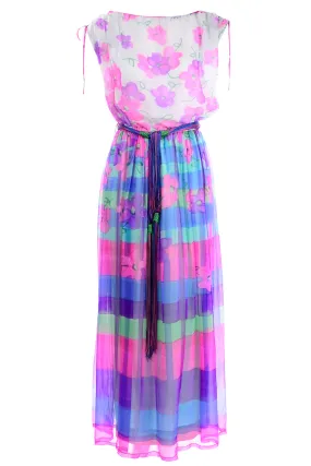 1970s Christian Rupert Pink & Purple Floral & Stripe Silk Chiffon Maxi Dress