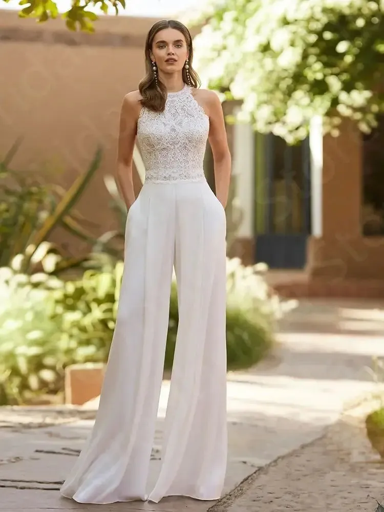 2024 Spring Lace Jumpsuit Wedding Dress with Sleeveless Design and Trousers