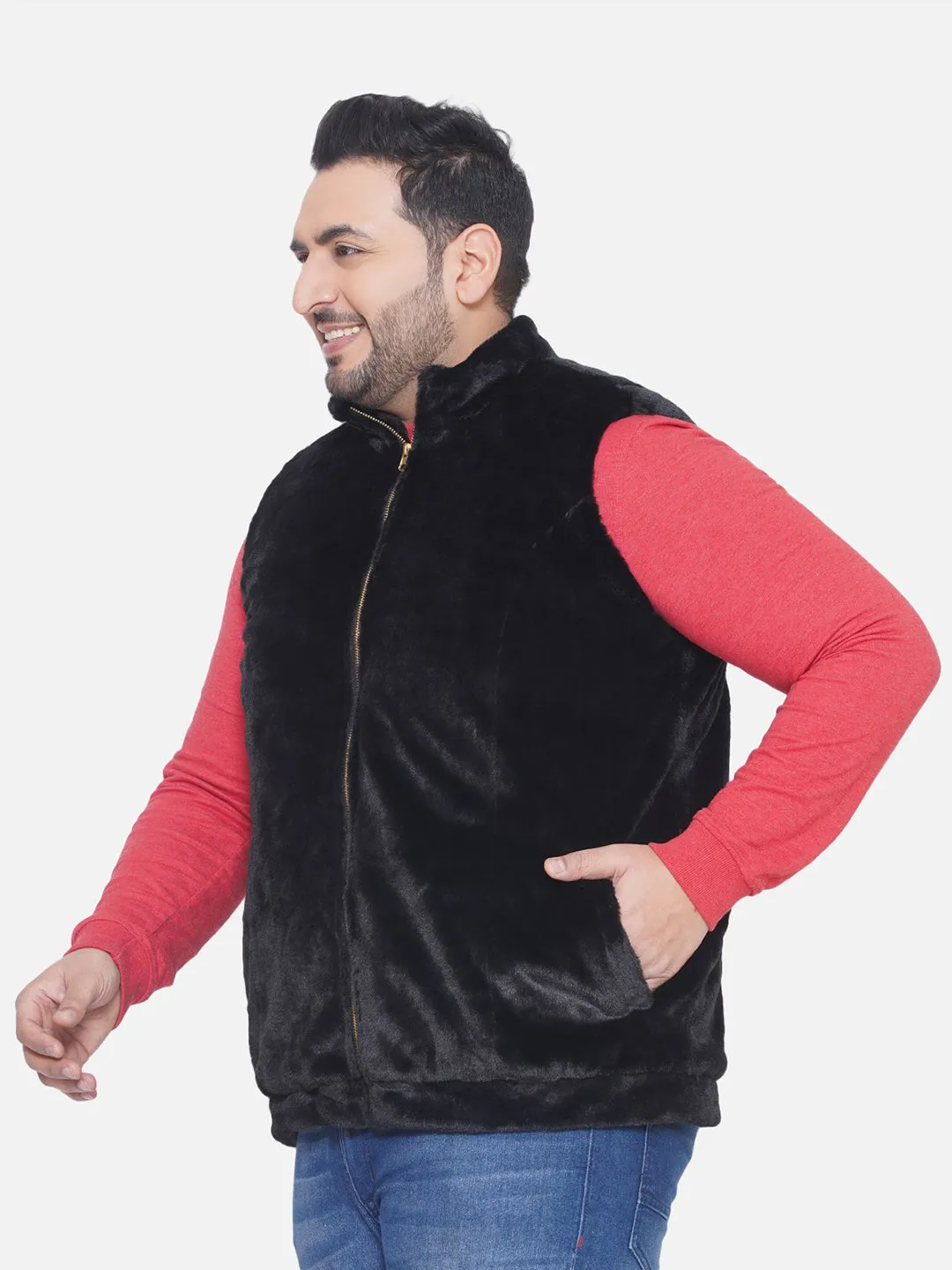 aLL - Plus Size Men's Regular Fit Black Solid Lightweight Fur Jacket