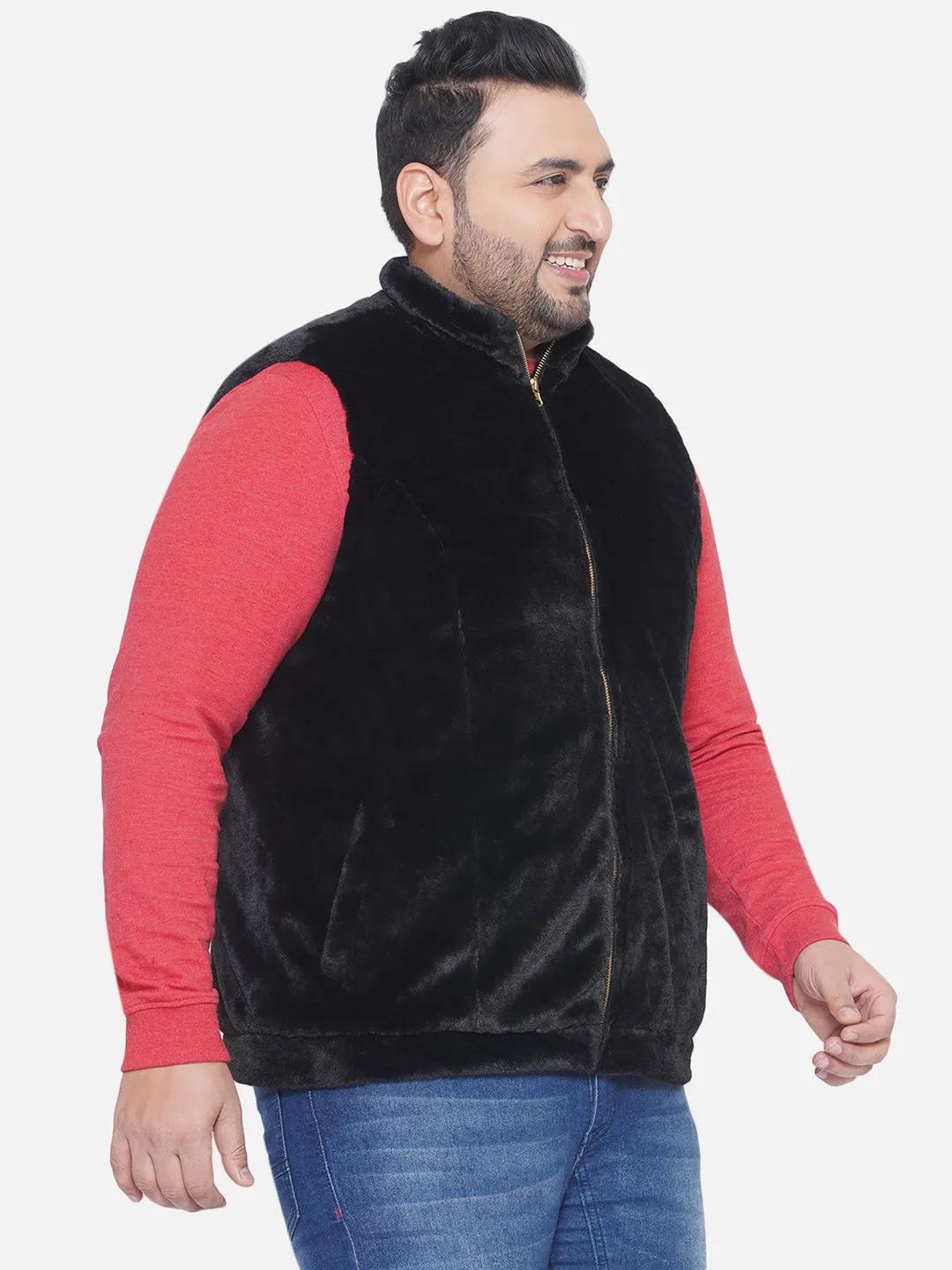 aLL - Plus Size Men's Regular Fit Black Solid Lightweight Fur Jacket