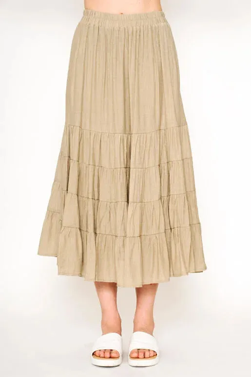 Allegra Tiered Midi Skirt with Elastic Waist In Sage Green