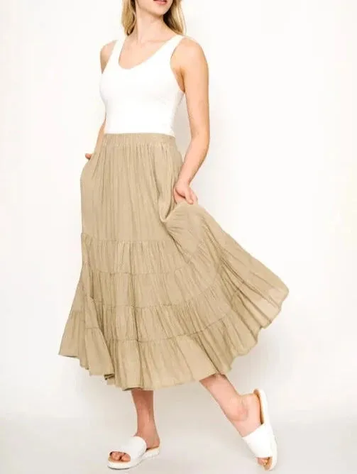 Allegra Tiered Midi Skirt with Elastic Waist In Sage Green