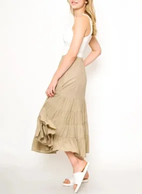 Allegra Tiered Midi Skirt with Elastic Waist In Sage Green