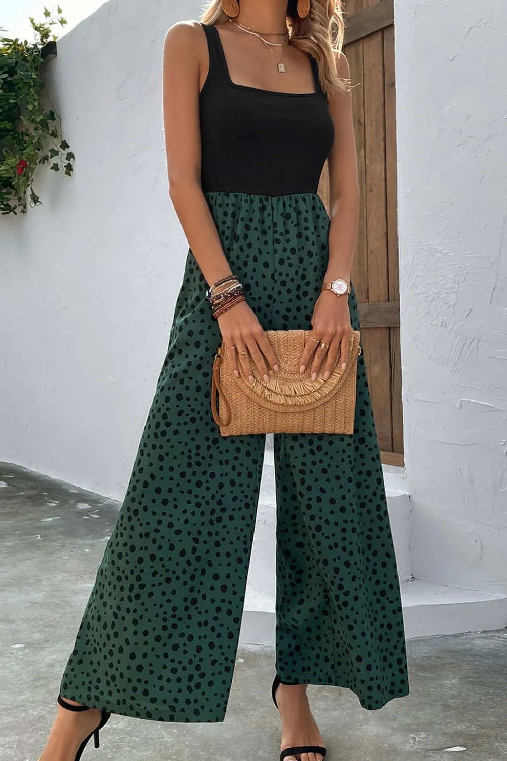 Animal Printed Square Neck Wide Leg Jumpsuit