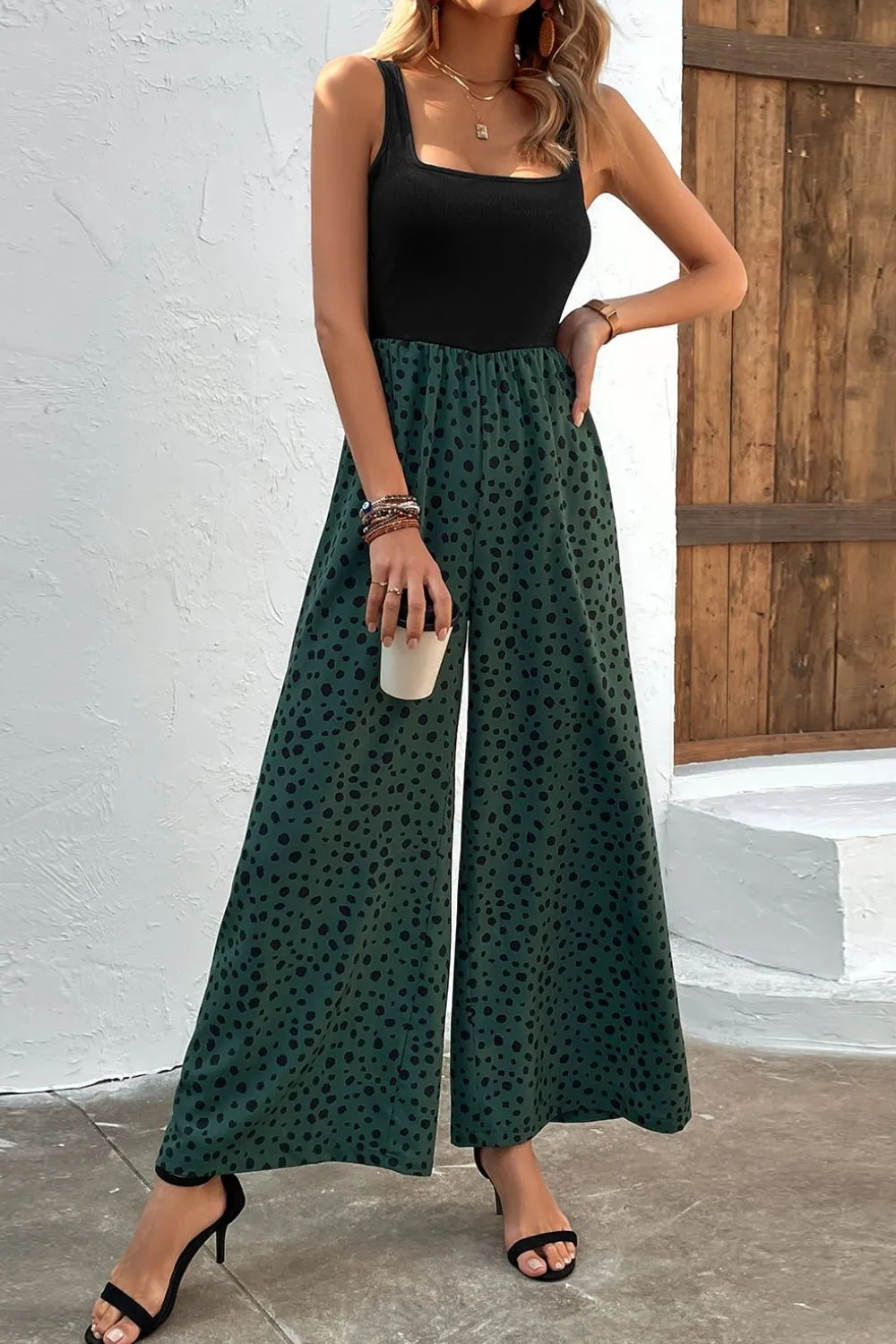 Animal Printed Square Neck Wide Leg Jumpsuit