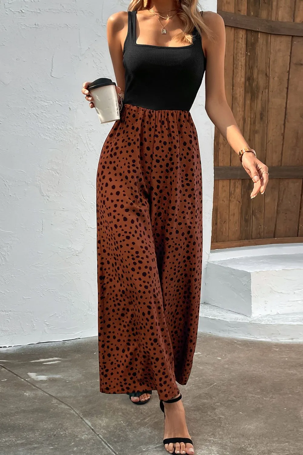 Animal Printed Square Neck Wide Leg Jumpsuit