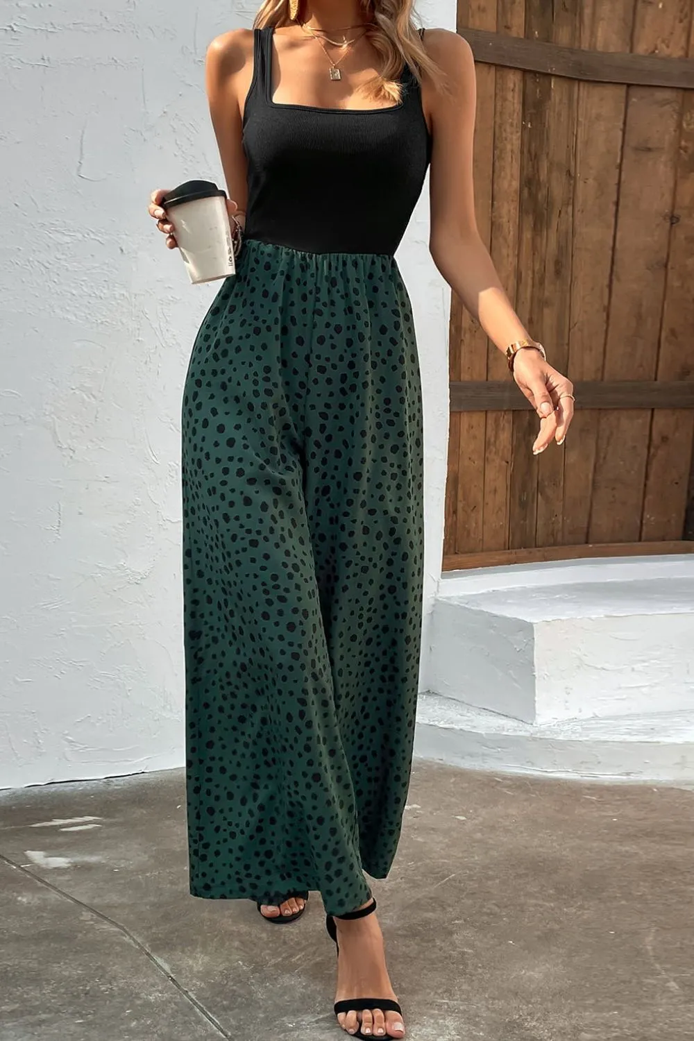 Animal Printed Square Neck Wide Leg Jumpsuit