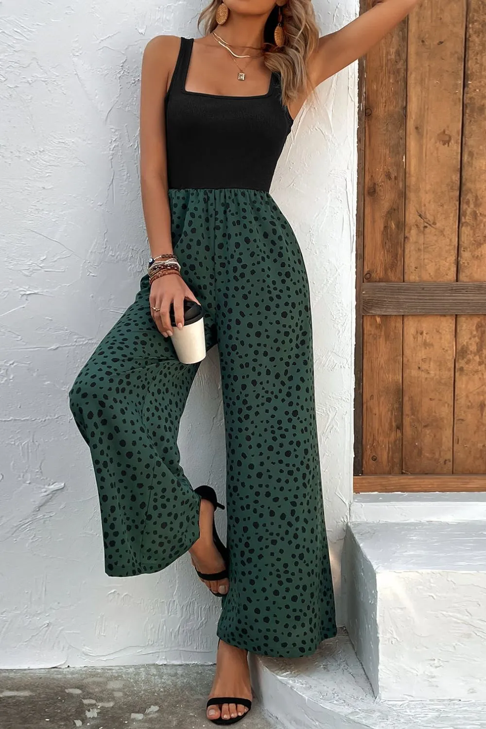 Animal Printed Square Neck Wide Leg Jumpsuit