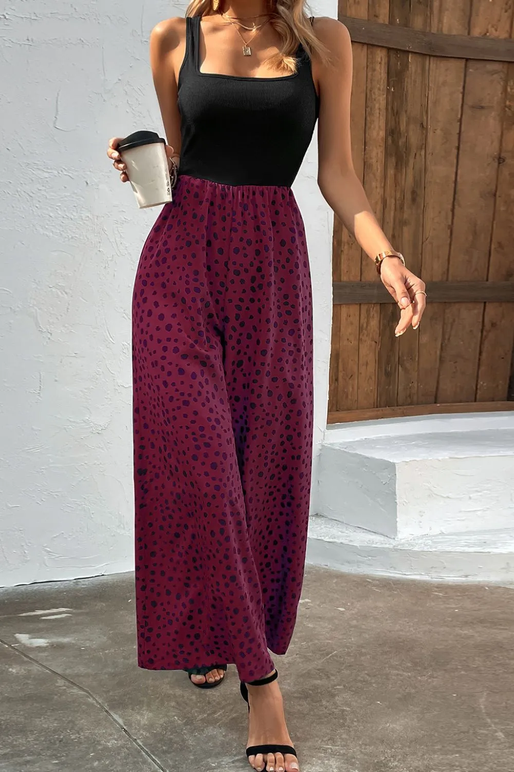 Animal Printed Square Neck Wide Leg Jumpsuit