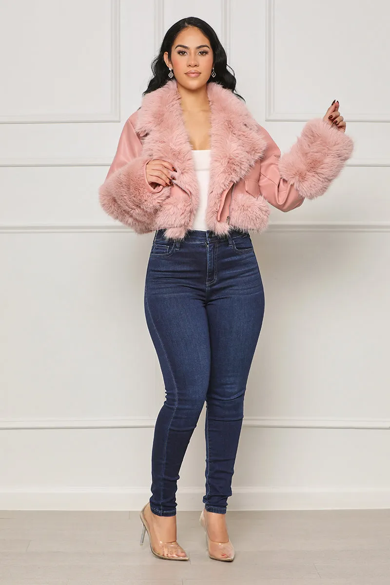 As Usual Faux Leather & Fur Crop Jacket (Pink)- FINAL SALE