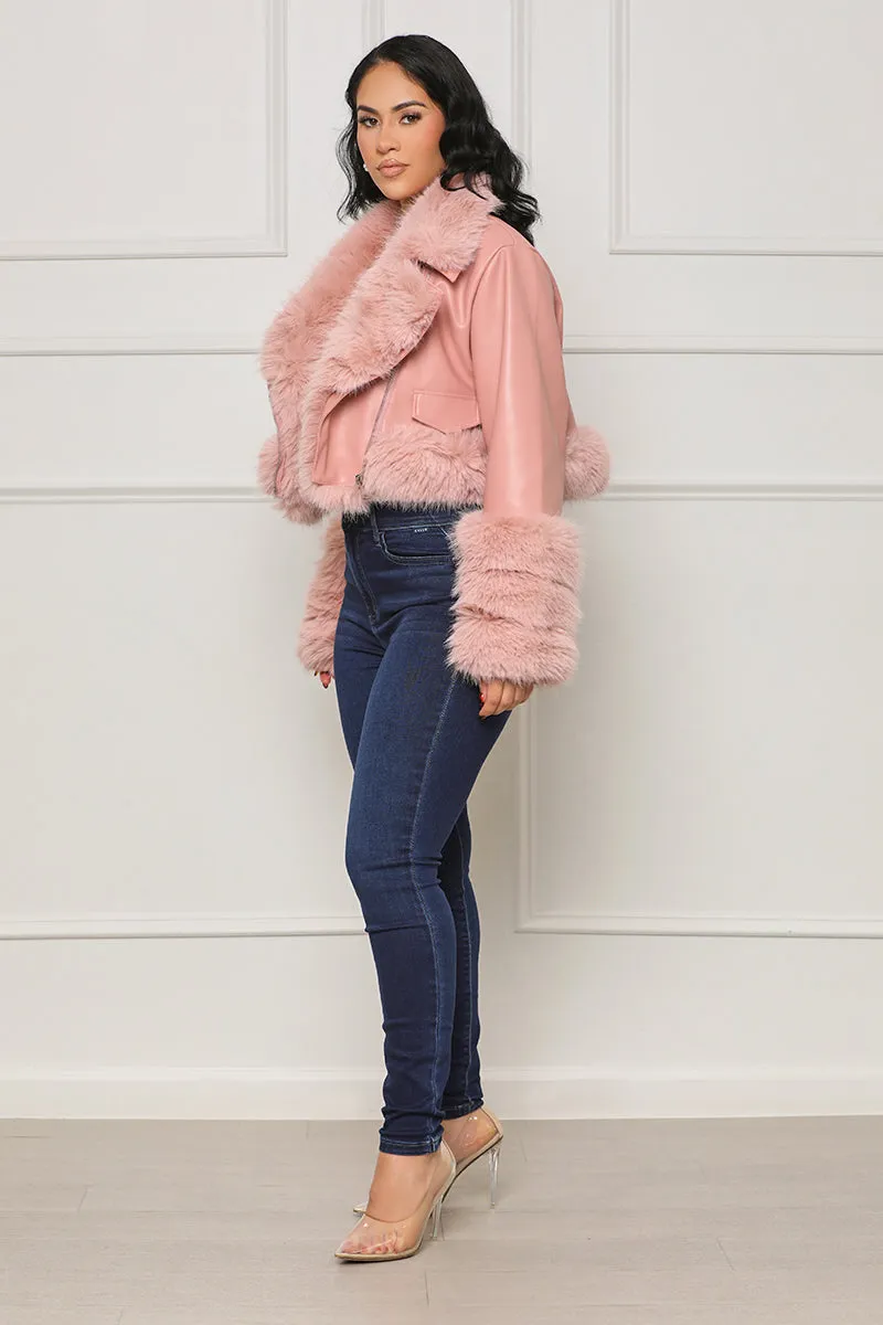 As Usual Faux Leather & Fur Crop Jacket (Pink)- FINAL SALE