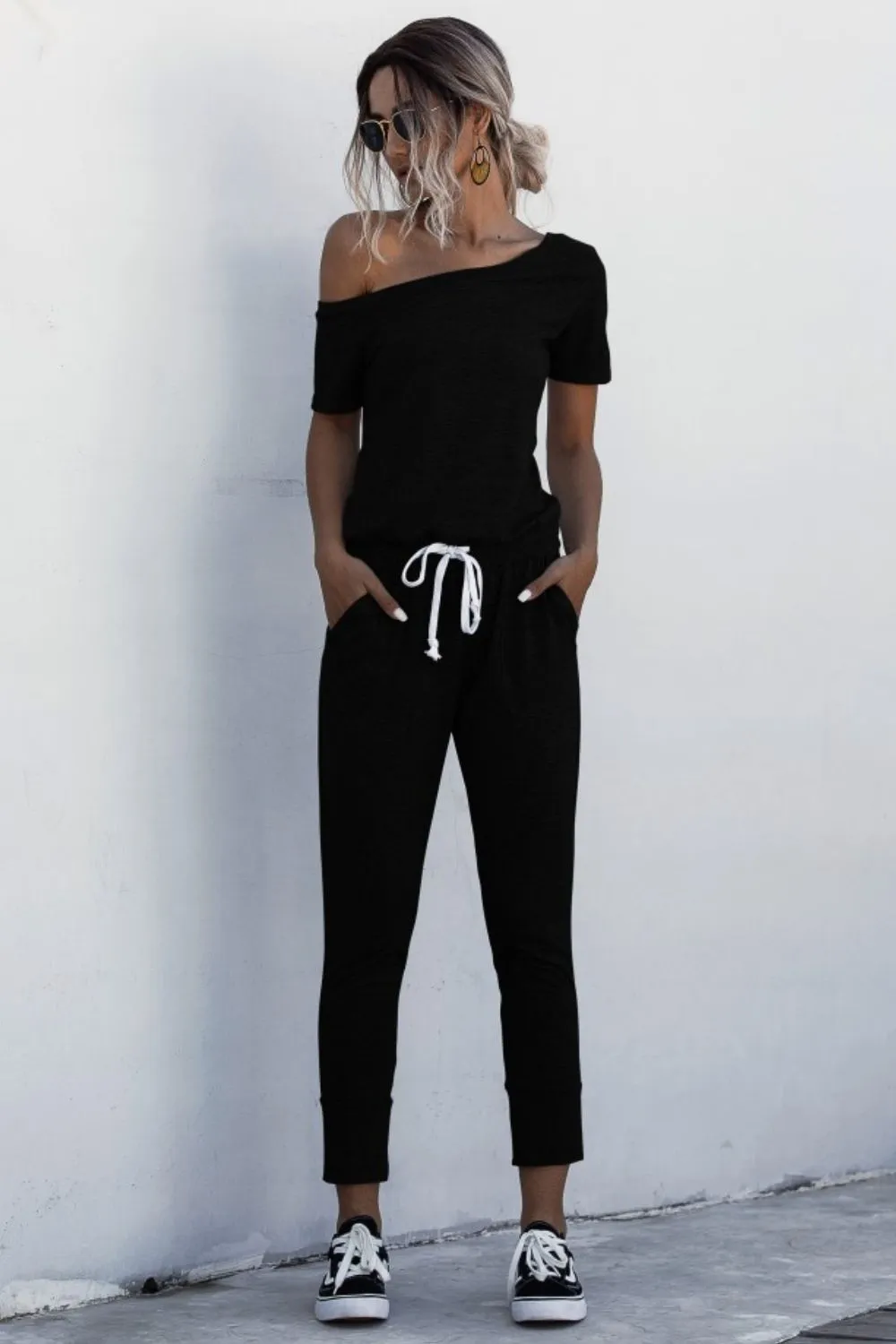 Asymmetrical Neck Tied Jumpsuit with Pockets