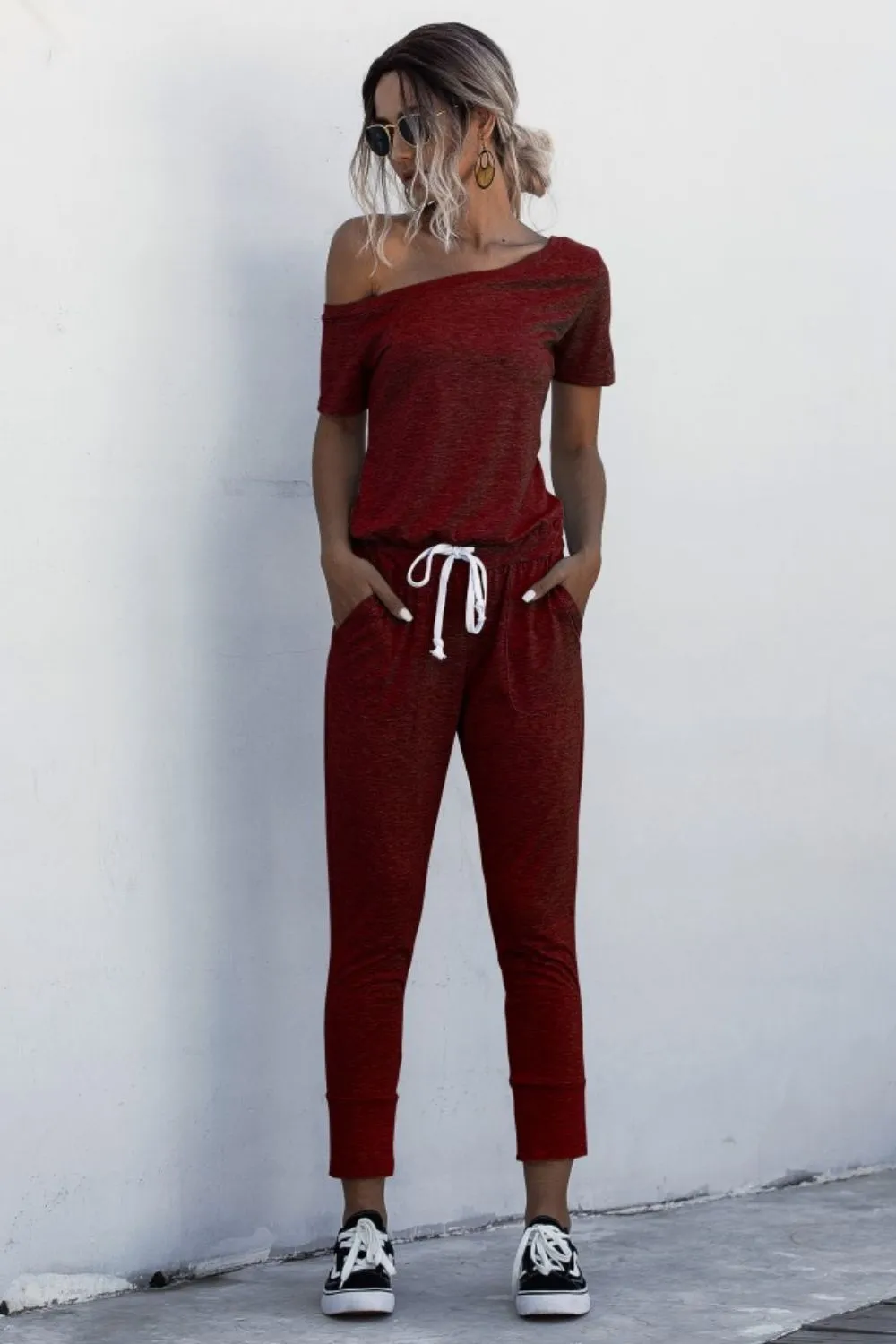 Asymmetrical Neck Tied Jumpsuit with Pockets