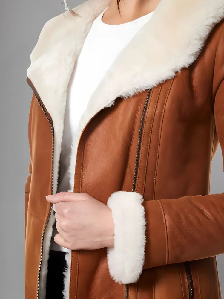 Ayva’s Tan Sheepskin Coat With Hoodie for Women