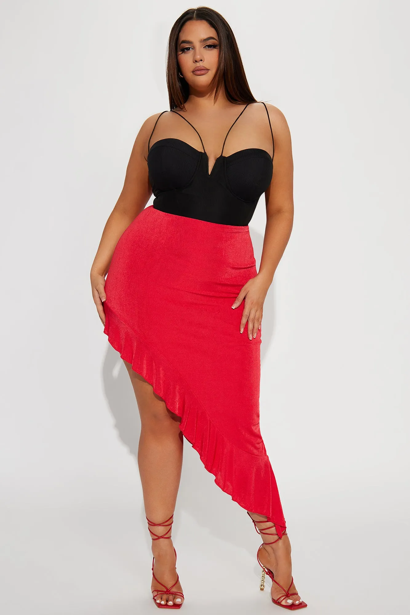 Azaria Ruffle Slinky Midi Skirt - Red