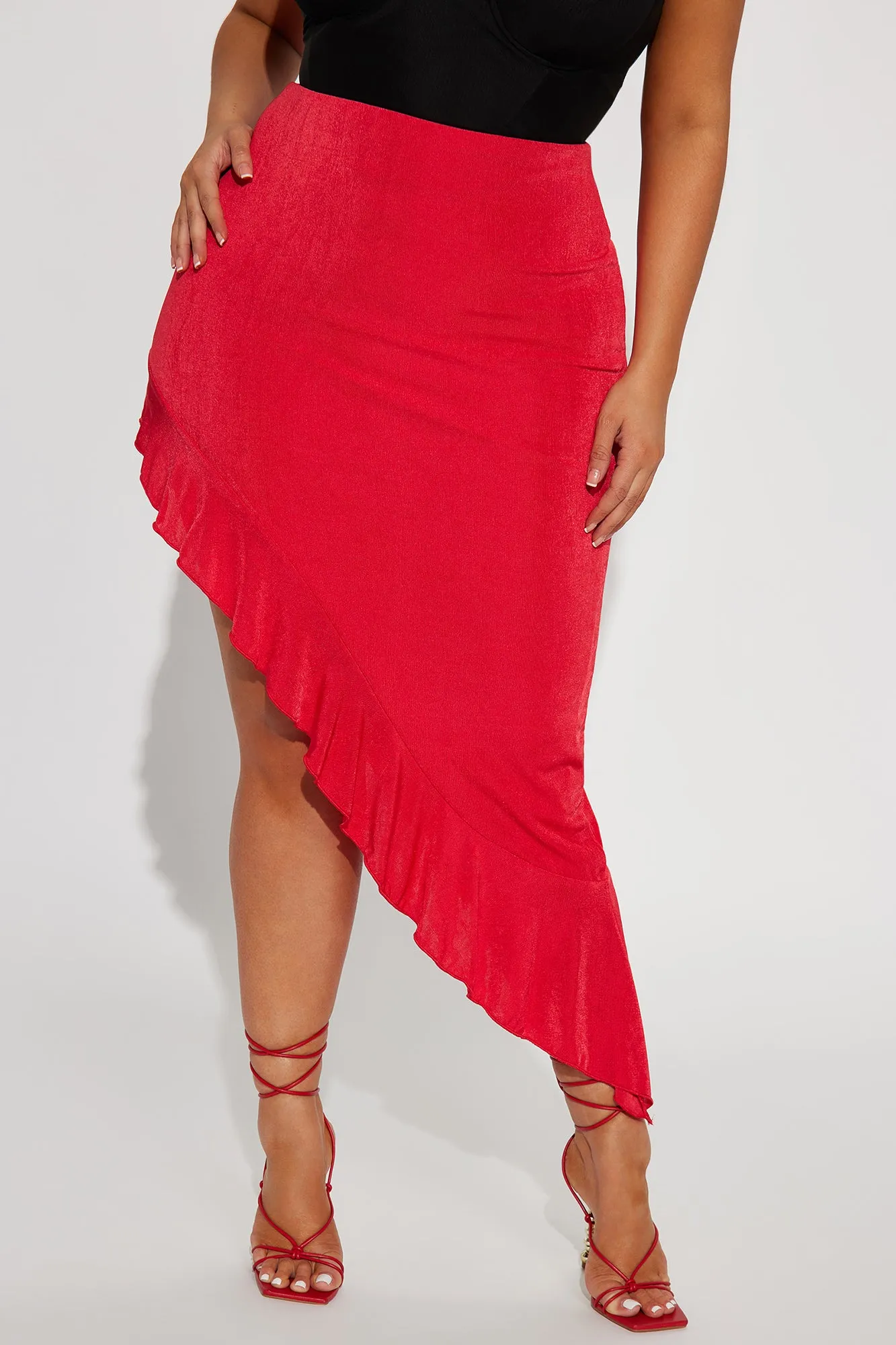 Azaria Ruffle Slinky Midi Skirt - Red