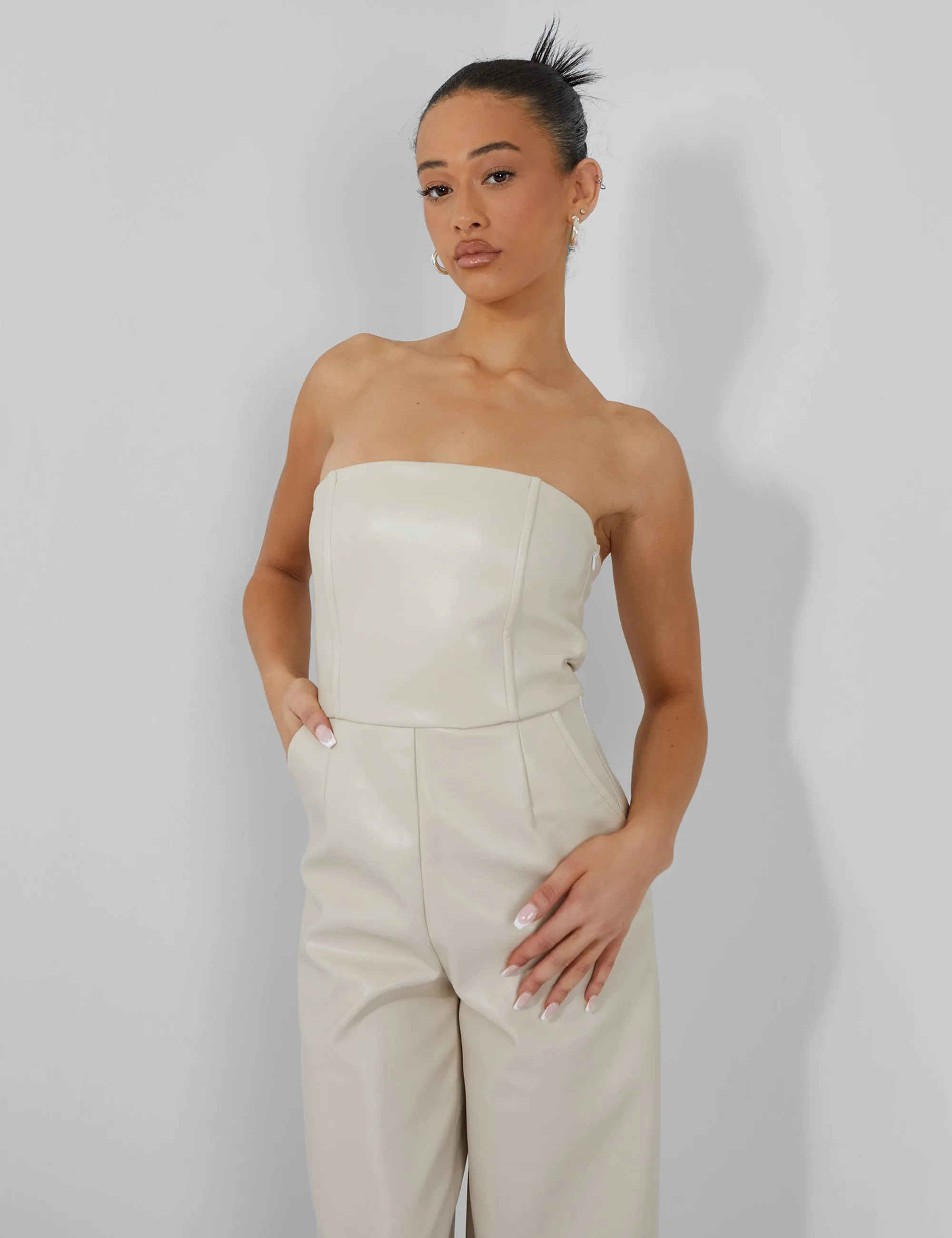 Bandeau Tailored Wide Leg Jumpsuit Stone