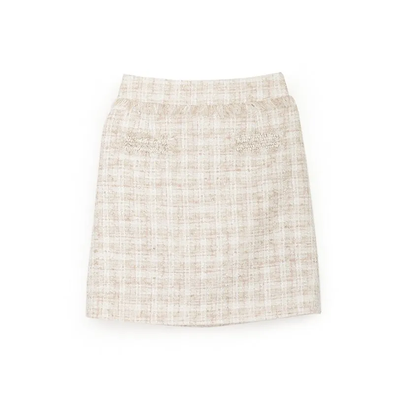 Beige High Waist Tweed Plaid Midi Skirt