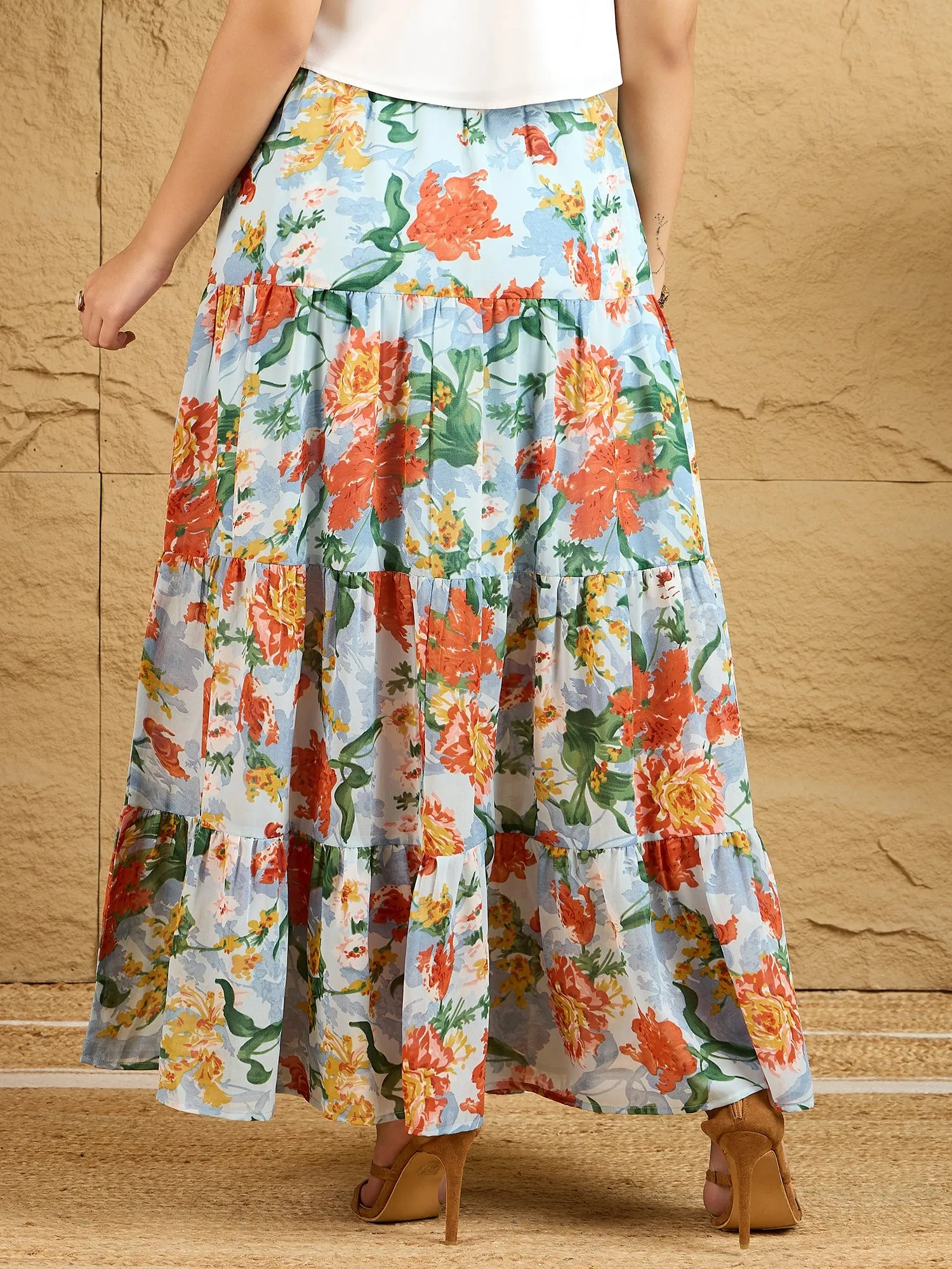 Berrylush Women Blue & Orange Floral Printed High-Rise Elastic Waist Front Thigh-High Slit Gathered A-Line Maxi Skirt