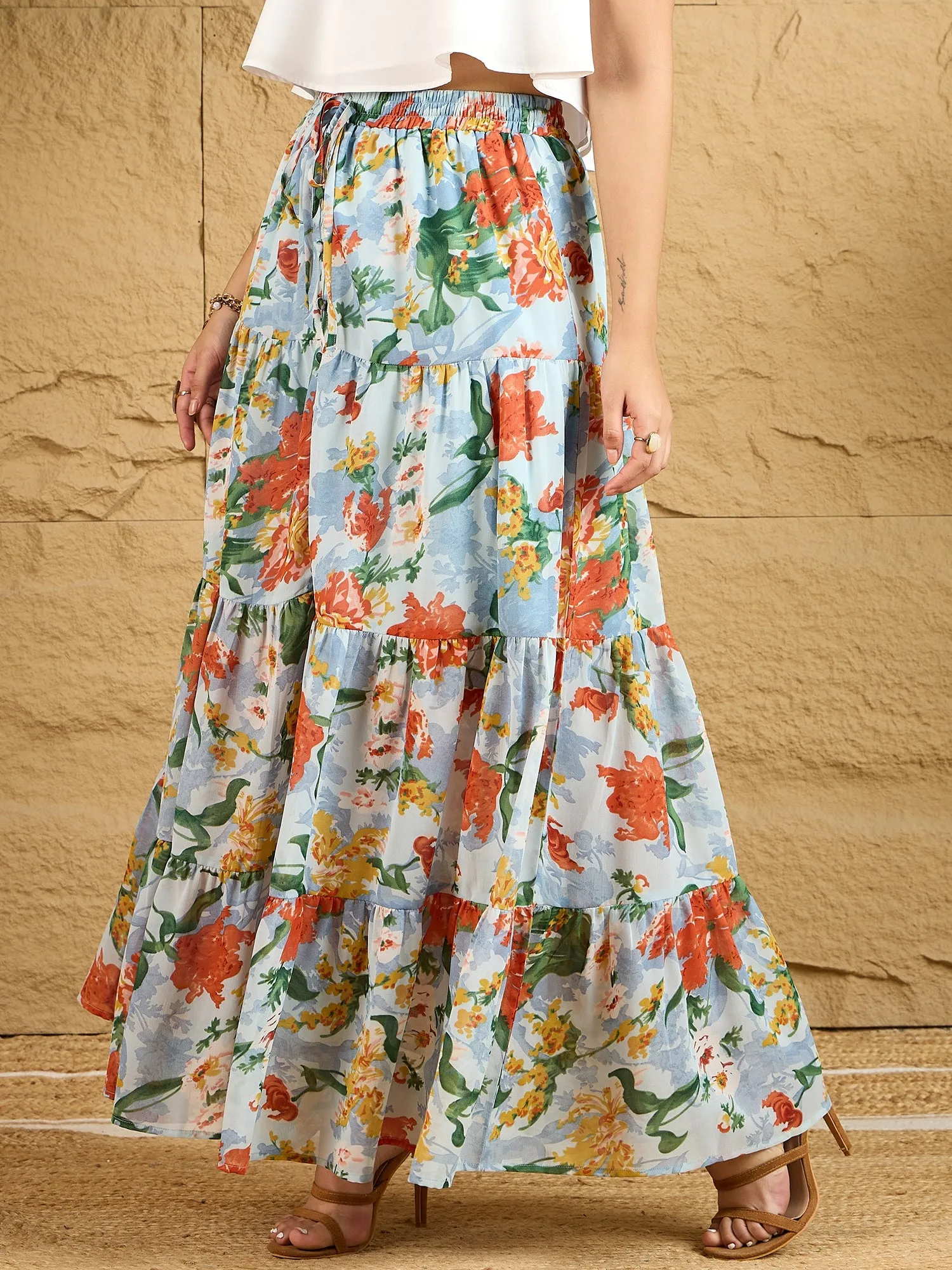 Berrylush Women Blue & Orange Floral Printed High-Rise Elastic Waist Front Thigh-High Slit Gathered A-Line Maxi Skirt