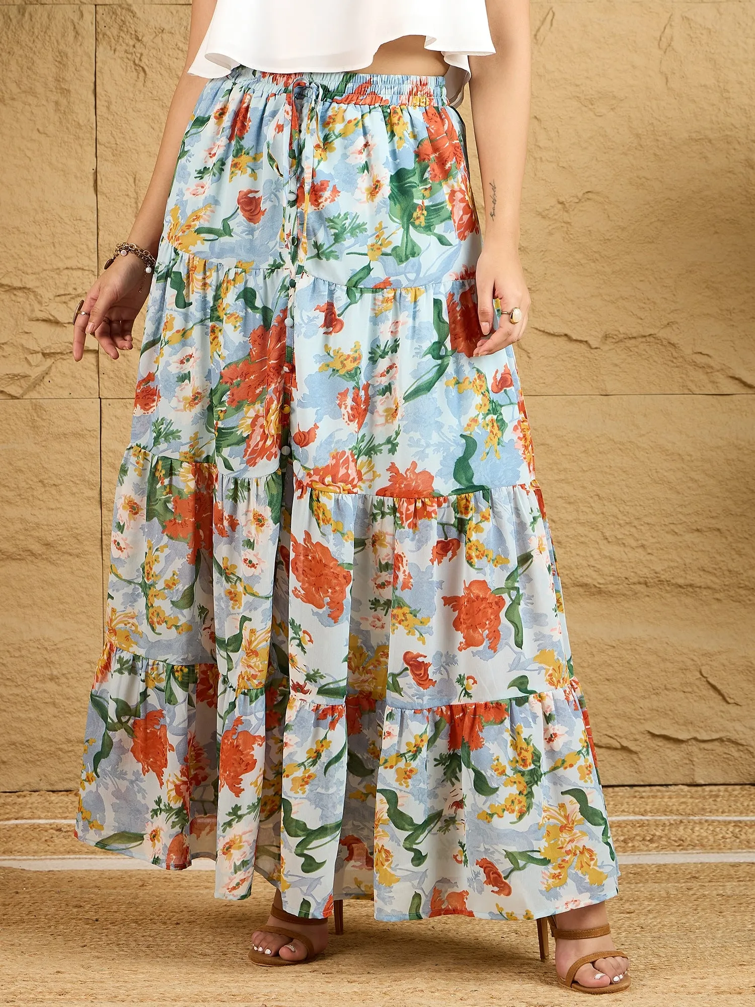 Berrylush Women Blue & Orange Floral Printed High-Rise Elastic Waist Front Thigh-High Slit Gathered A-Line Maxi Skirt