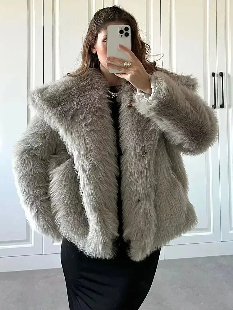 Black Friday Joskaa Fashion Cropped Faux Fur Jacket Coat Women's Long Sleeve High Street Female Outerwear Chic Lapel Collar Thick Coat Winter