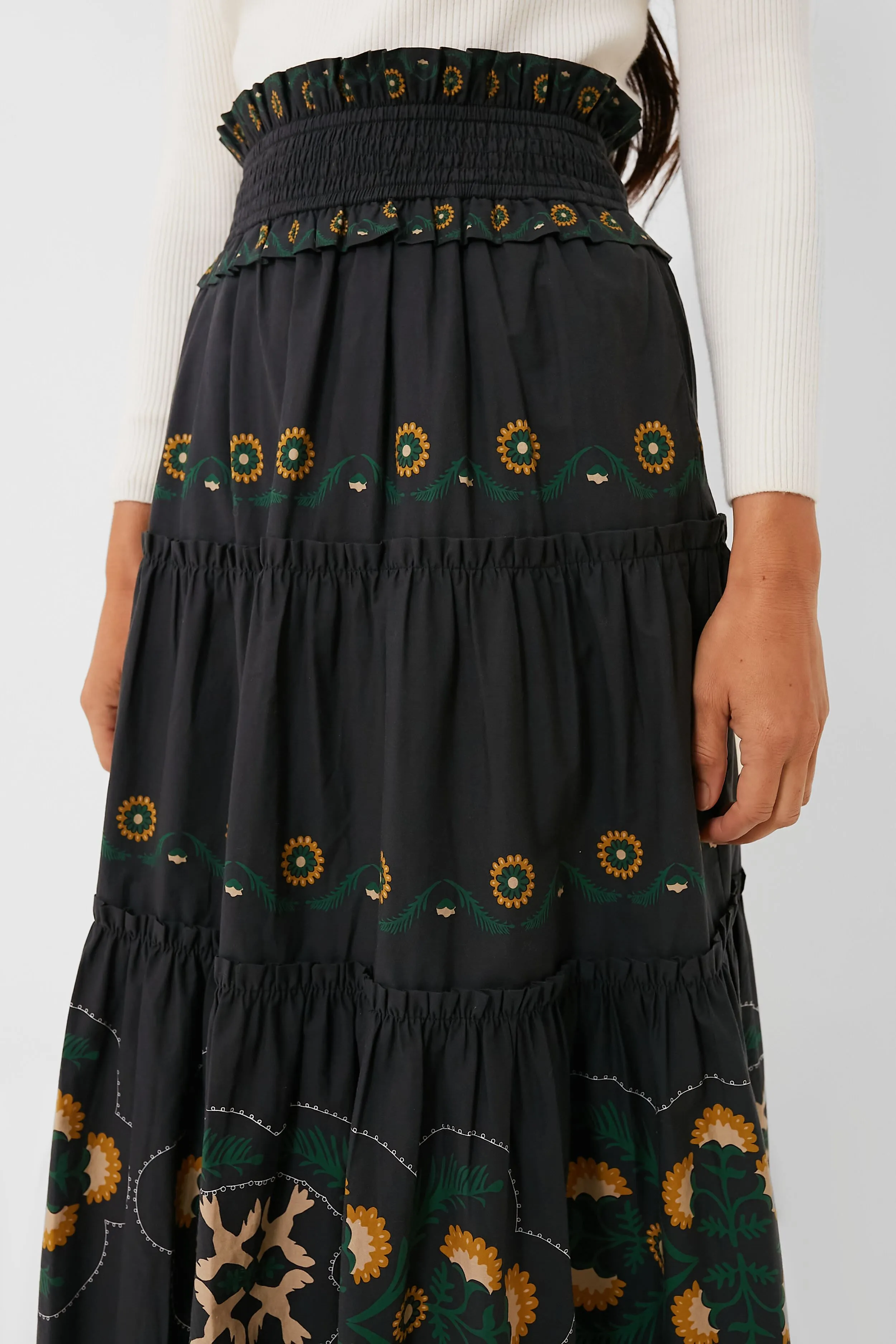 Black Perle Print Tiered Skirt