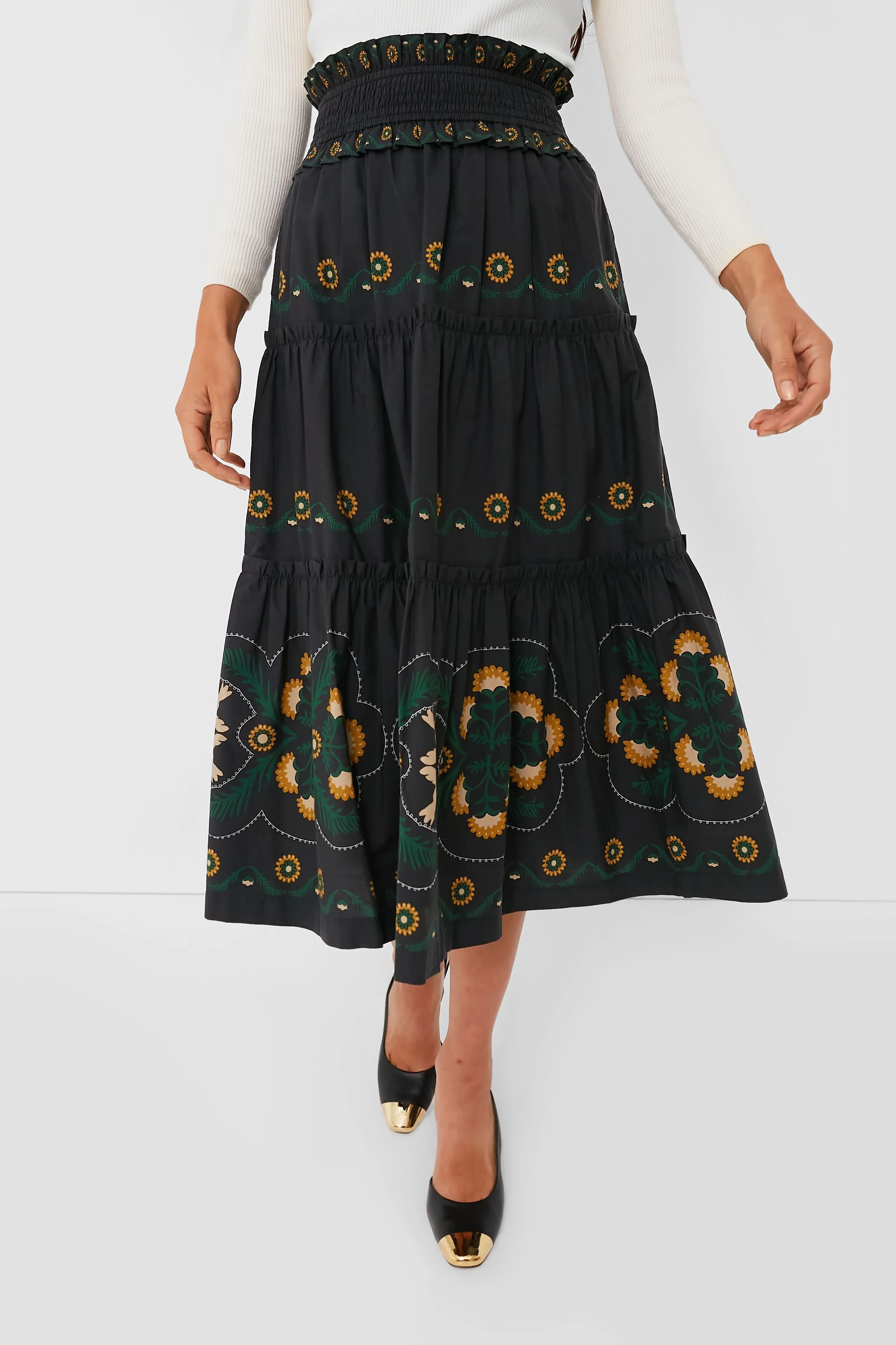 Black Perle Print Tiered Skirt