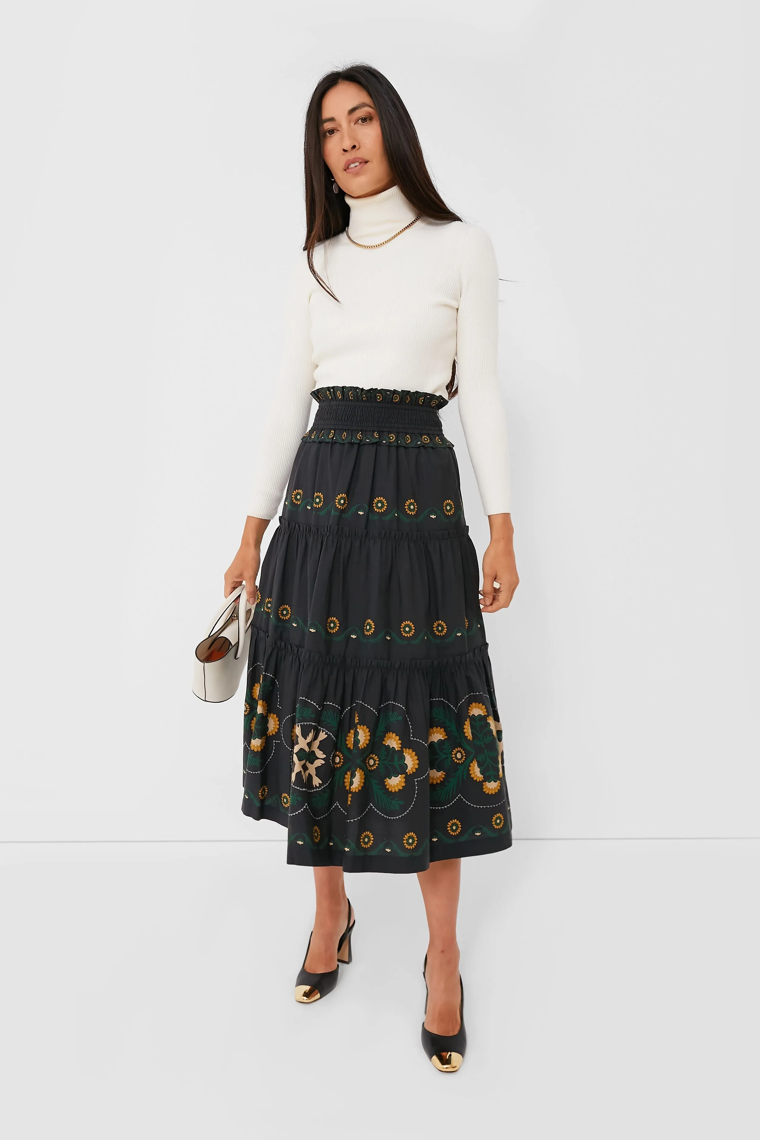 Black Perle Print Tiered Skirt