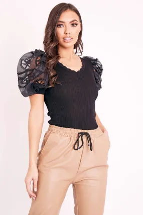 Black Scallop Neckline Crochet Mesh Sleeve Top - Kaisley