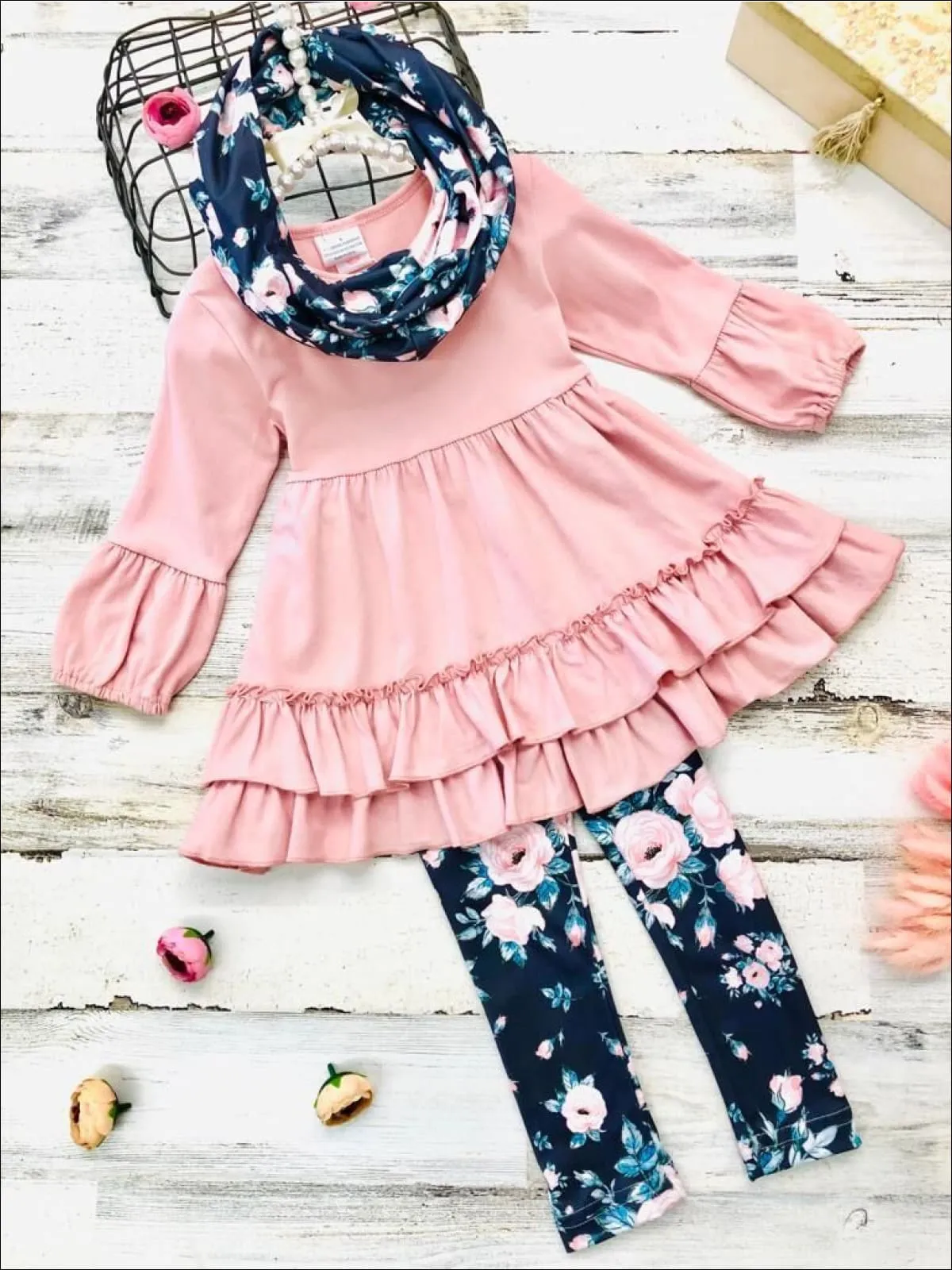 Bloom Like Me Ruffle Tunic, Floral Leggings And Scarf Set