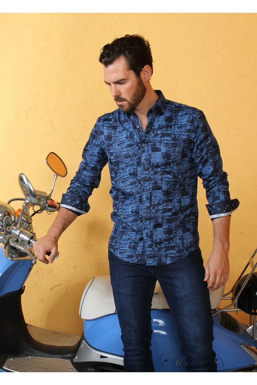 Blue Shadow Print Button Down Shirt