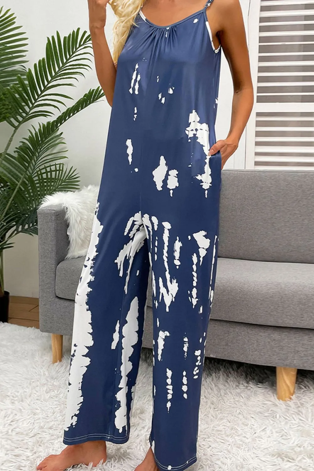 Boho Tie-Dye Spaghetti Strap Jumpsuit with Pockets