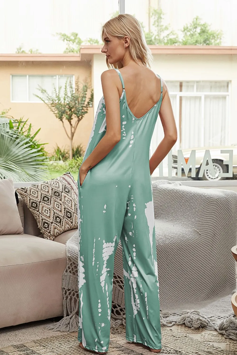 Boho Tie-Dye Spaghetti Strap Jumpsuit with Pockets