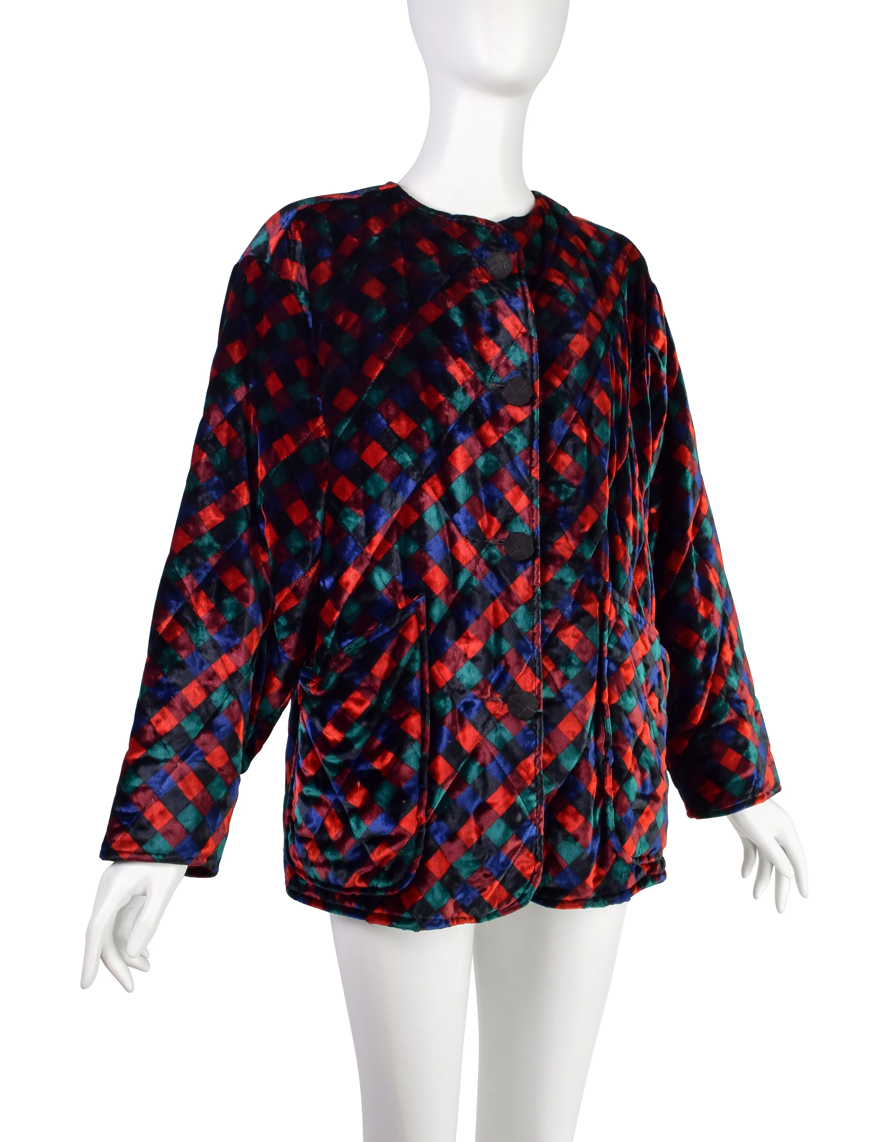 Bottega Veneta Vintage Black Red Blue Green Trompe L'oeil Intrecciato Quilted Velvet Coat and Shawl Set