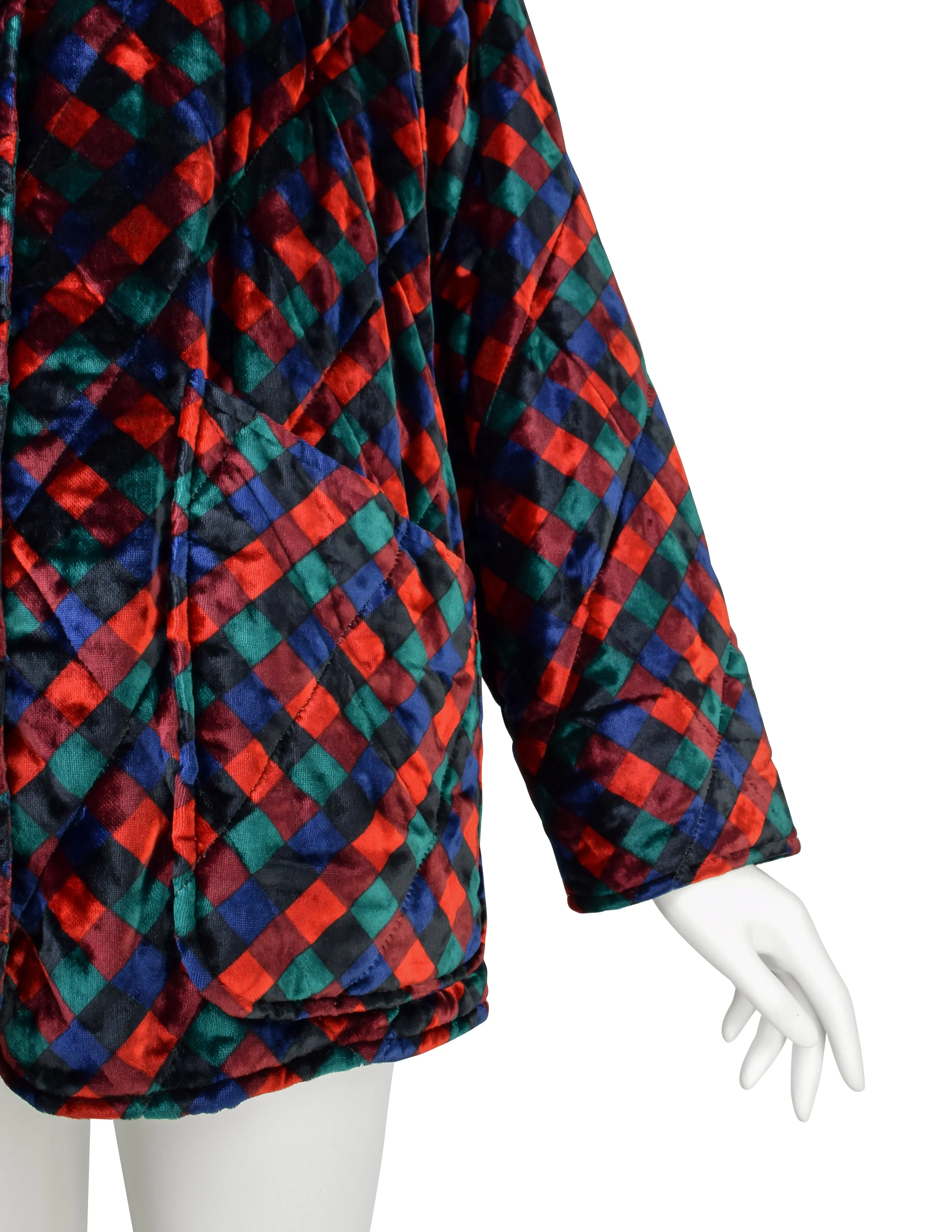 Bottega Veneta Vintage Black Red Blue Green Trompe L'oeil Intrecciato Quilted Velvet Coat and Shawl Set