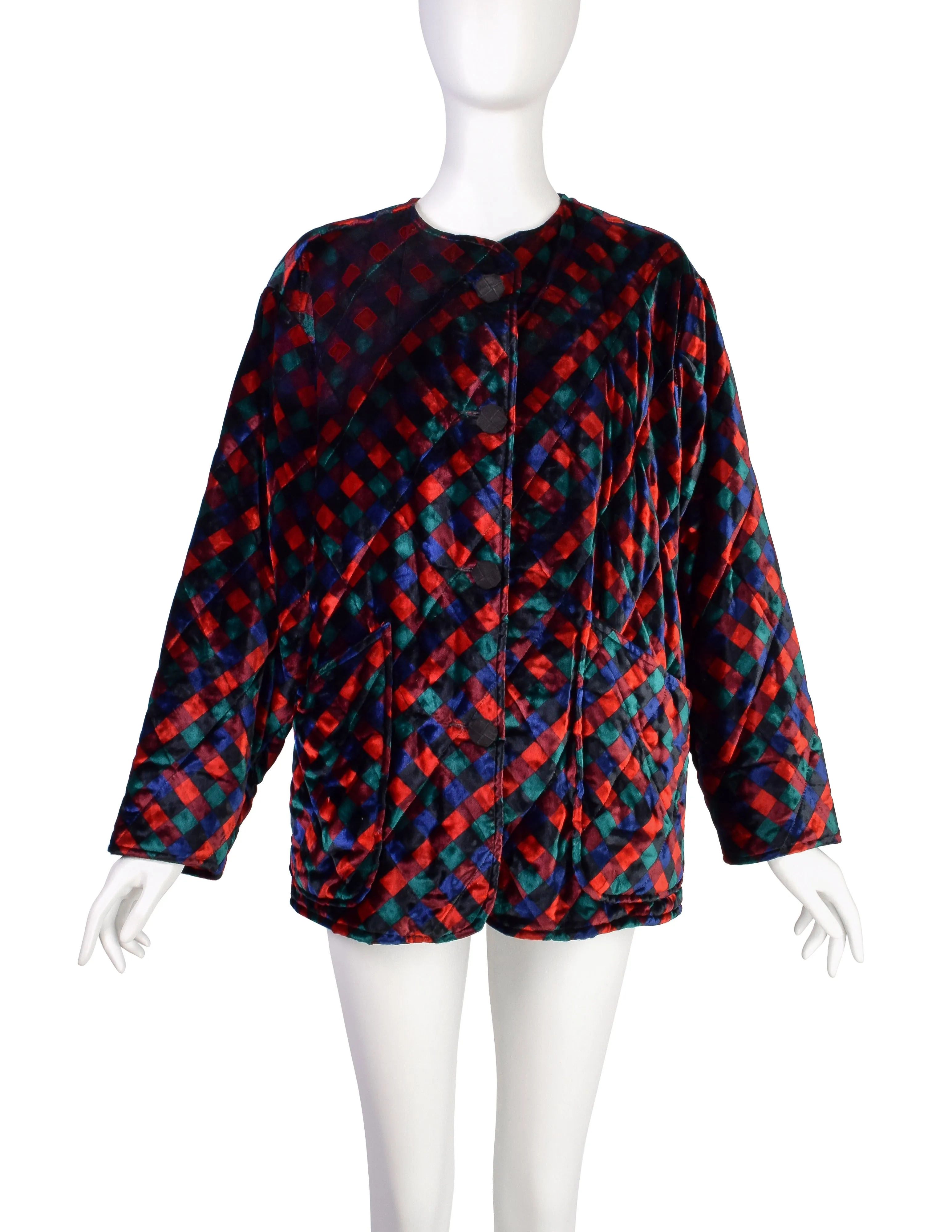 Bottega Veneta Vintage Black Red Blue Green Trompe L'oeil Intrecciato Quilted Velvet Coat and Shawl Set