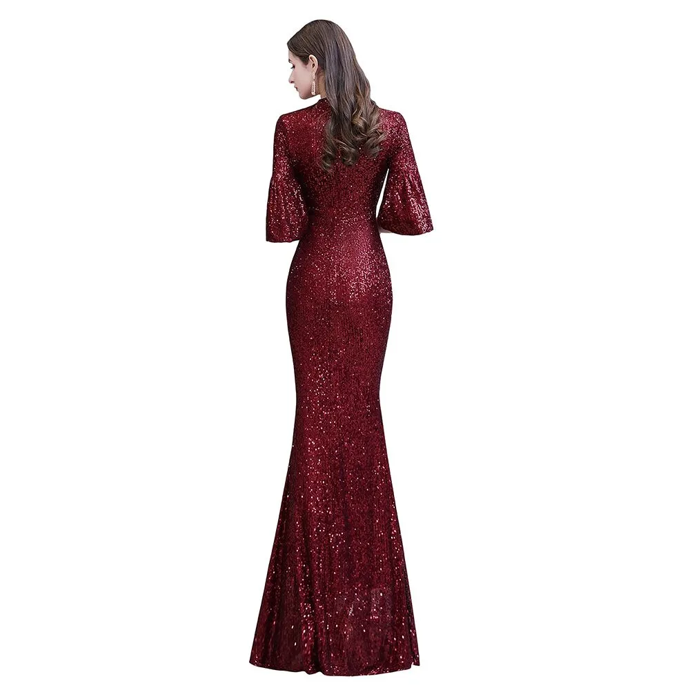 Burgundy Short Sleeve Sequins Long Prom Dress